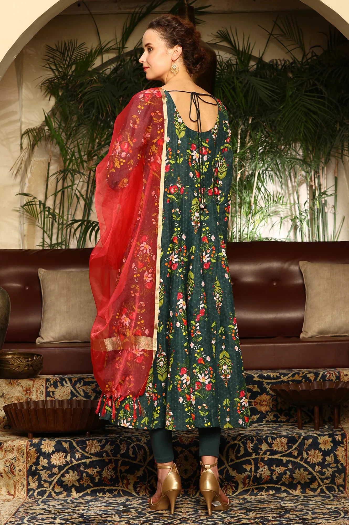 Deep Green Floral Printed Shantung Anarkali Kurta, Tights And Organza Dupatta - Image 5