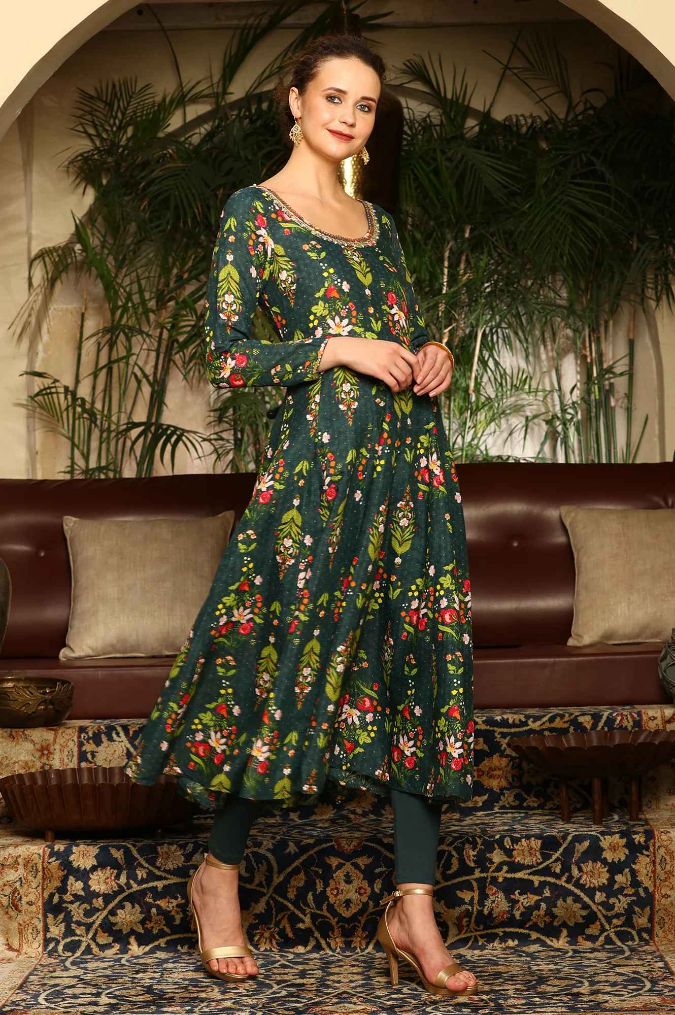 Deep Green Floral Printed Shantung Anarkali Kurta, Tights And Organza Dupatta - Image 6