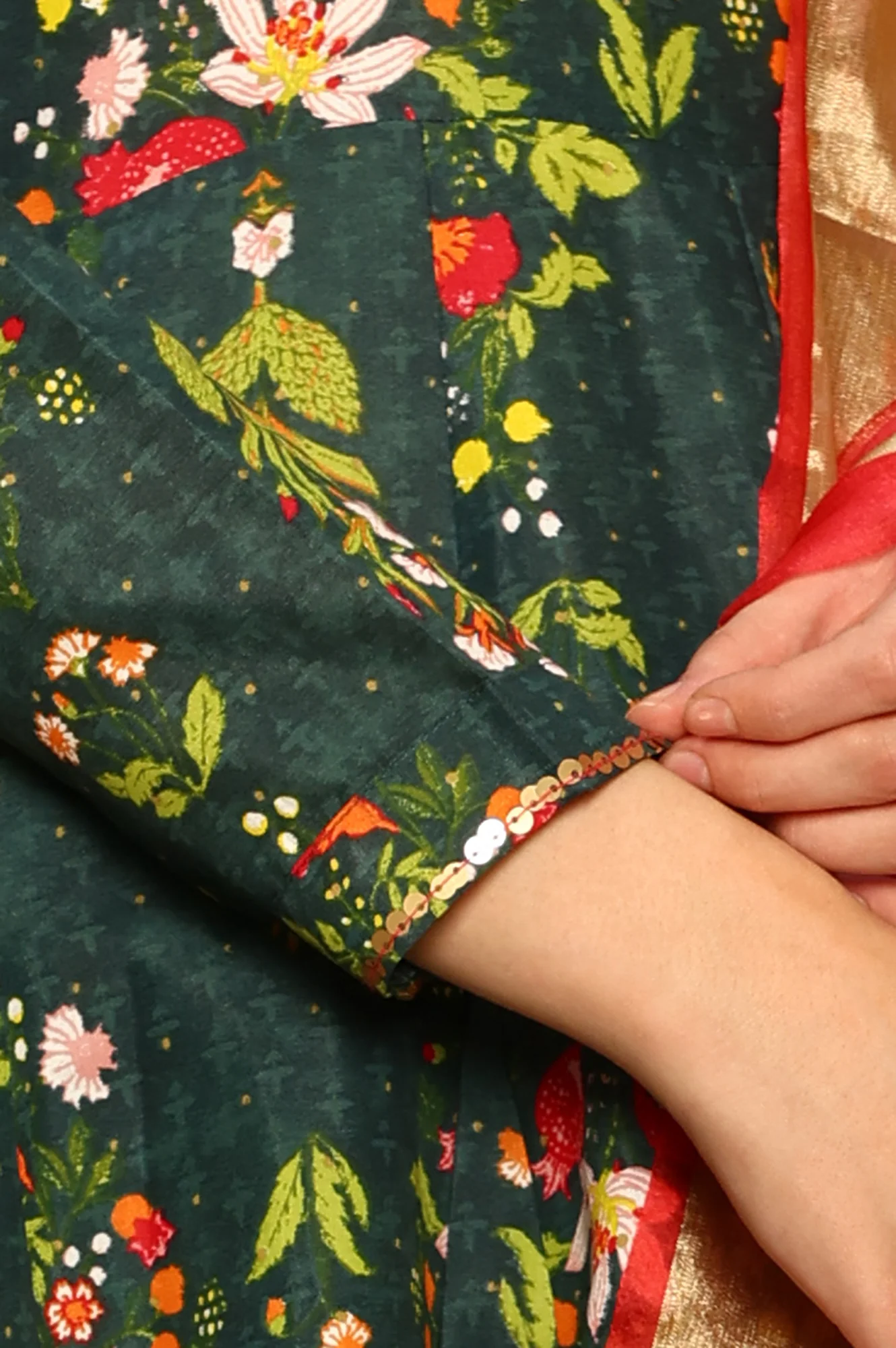 Deep Green Floral Printed Shantung Anarkali Kurta, Tights And Organza Dupatta - Image 7