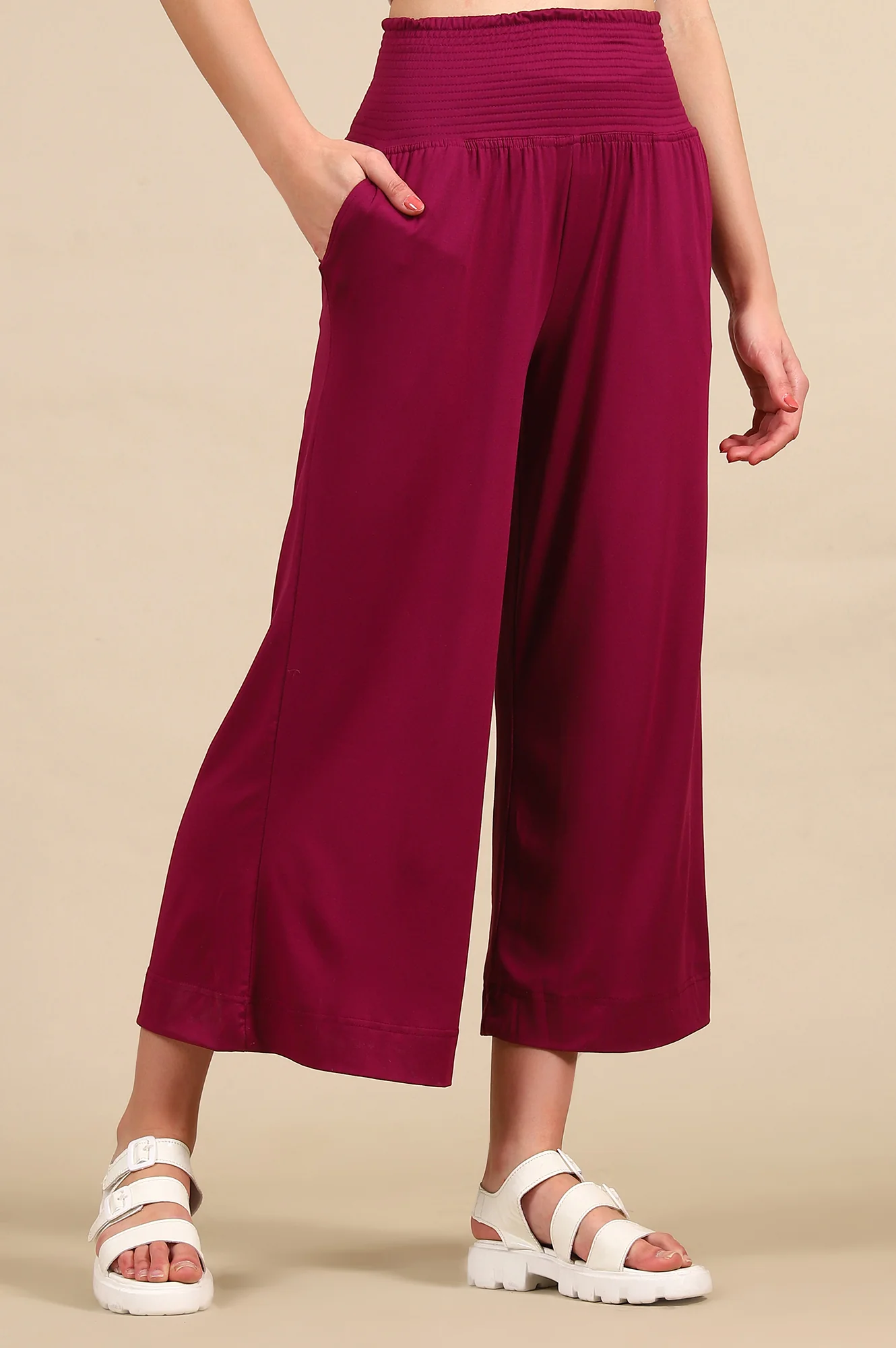 Elleven Women's Purple Solid Flared Pants With Smoked Waist - Image 4