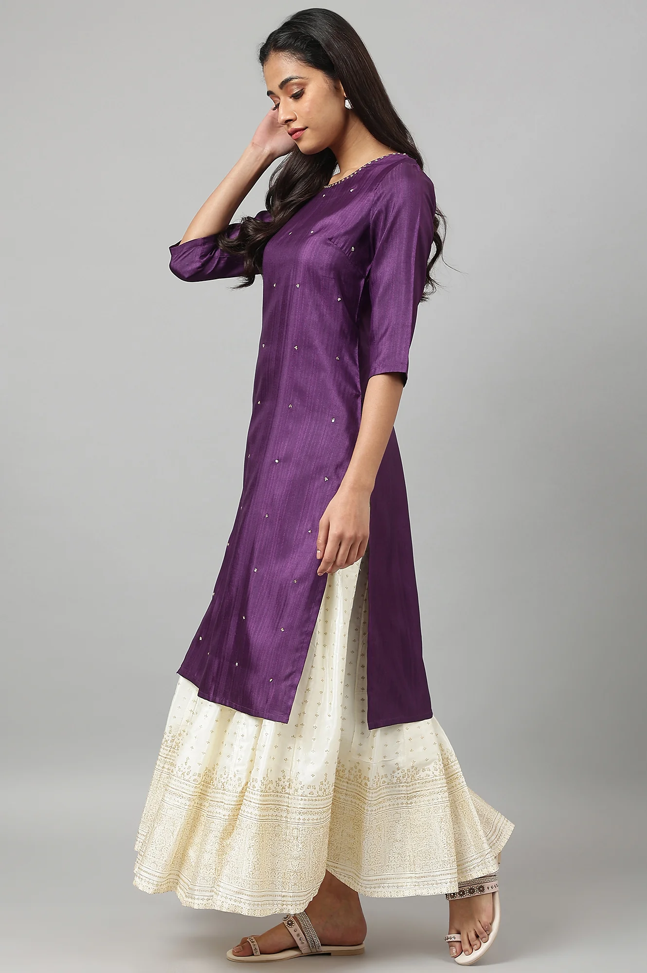 Deep Purple Solid Sequinned Viscose Straight Kurta - Image 3