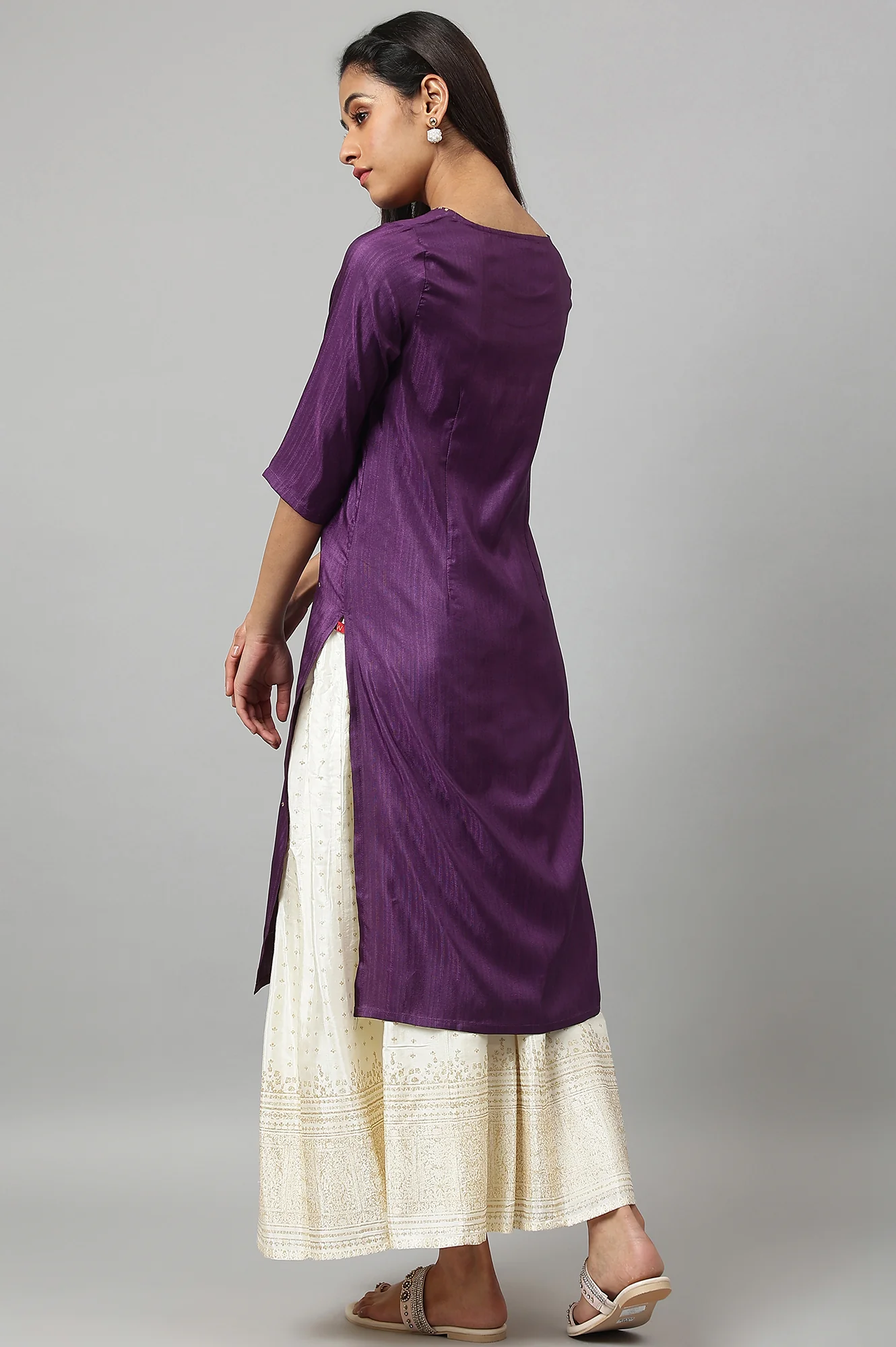 Deep Purple Solid Sequinned Viscose Straight Kurta - Image 4