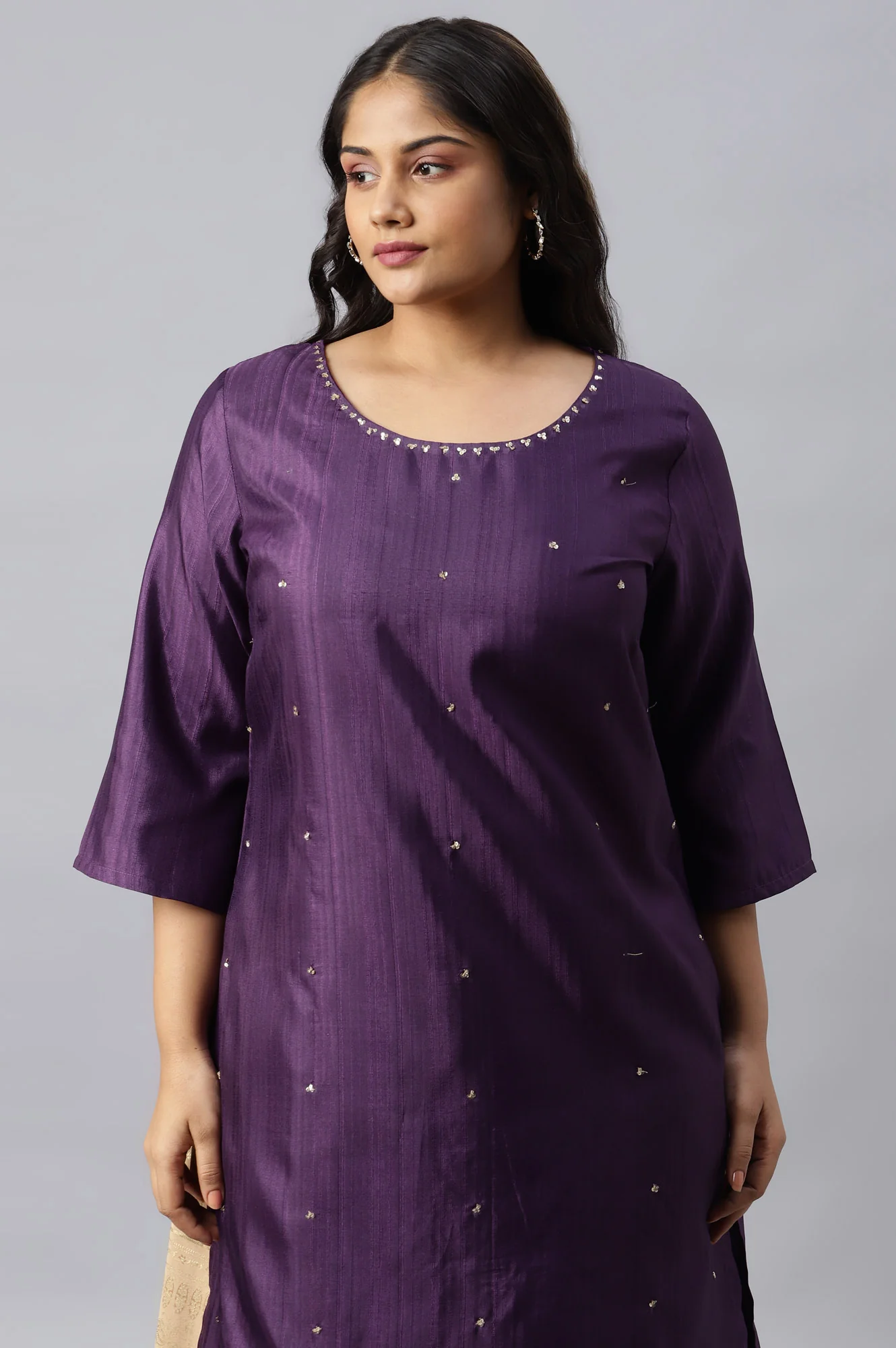 Deep Purple Solid Straight Plus Size kurta With Sequins - Image 5