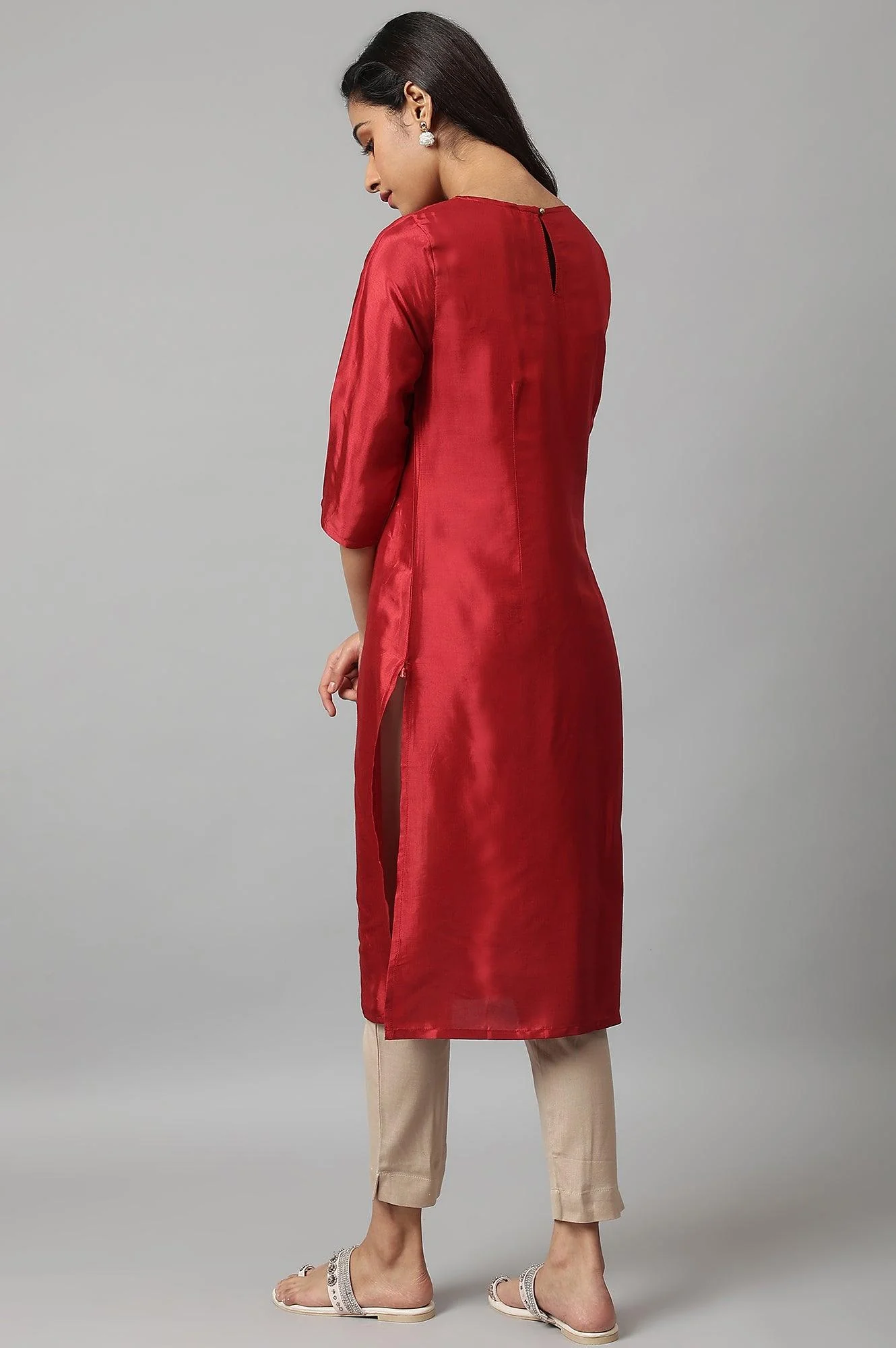 Deep Red Embroidered Festive kurta - Image 4
