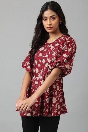 Deep Red Floral Printed Peplum Top - Image 3