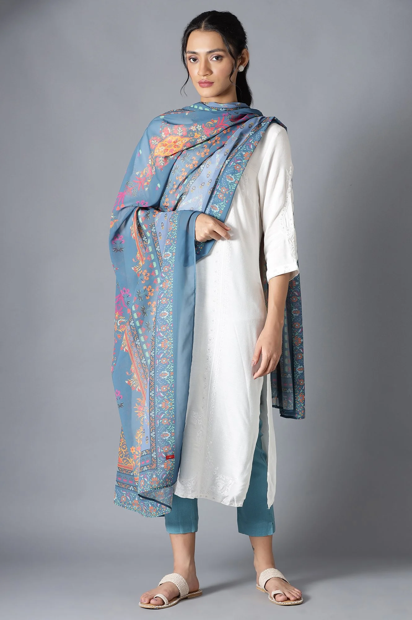 Deep Teal Printed Georgette Dupatta - Image 2