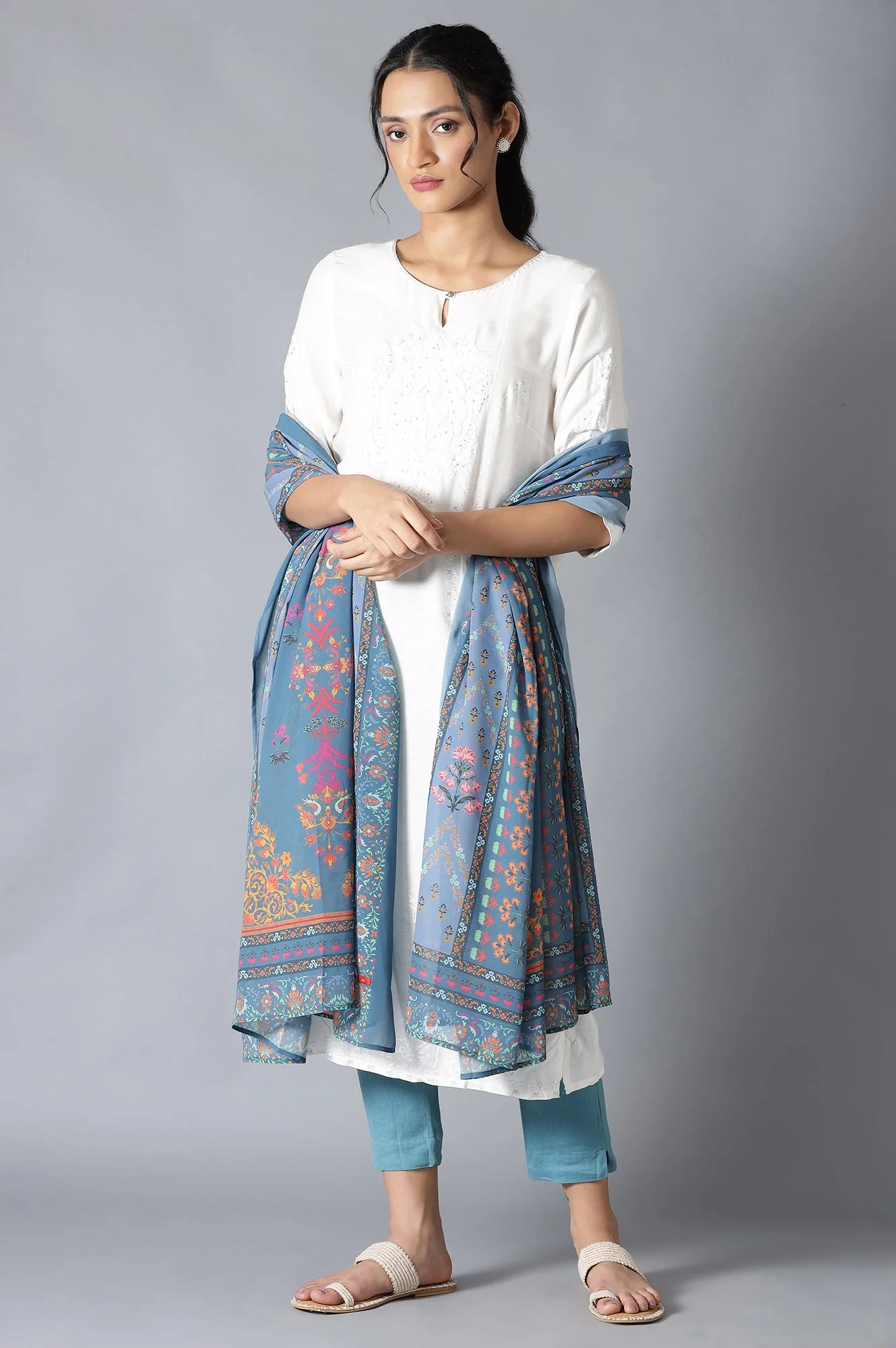 Deep Teal Printed Georgette Dupatta - Image 3