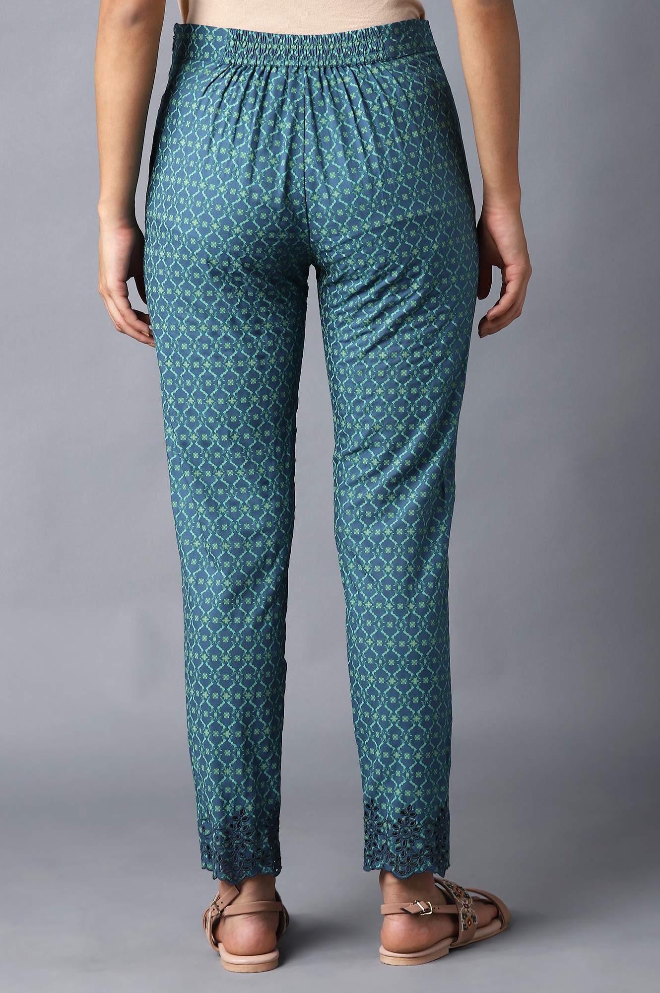 Deep Teal Printed Slim Pants With Thread Embroidery - Image 2
