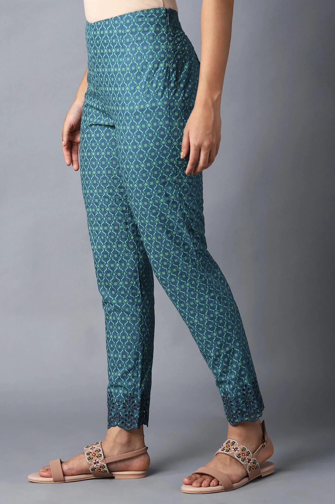 Deep Teal Printed Slim Pants With Thread Embroidery - Image 3