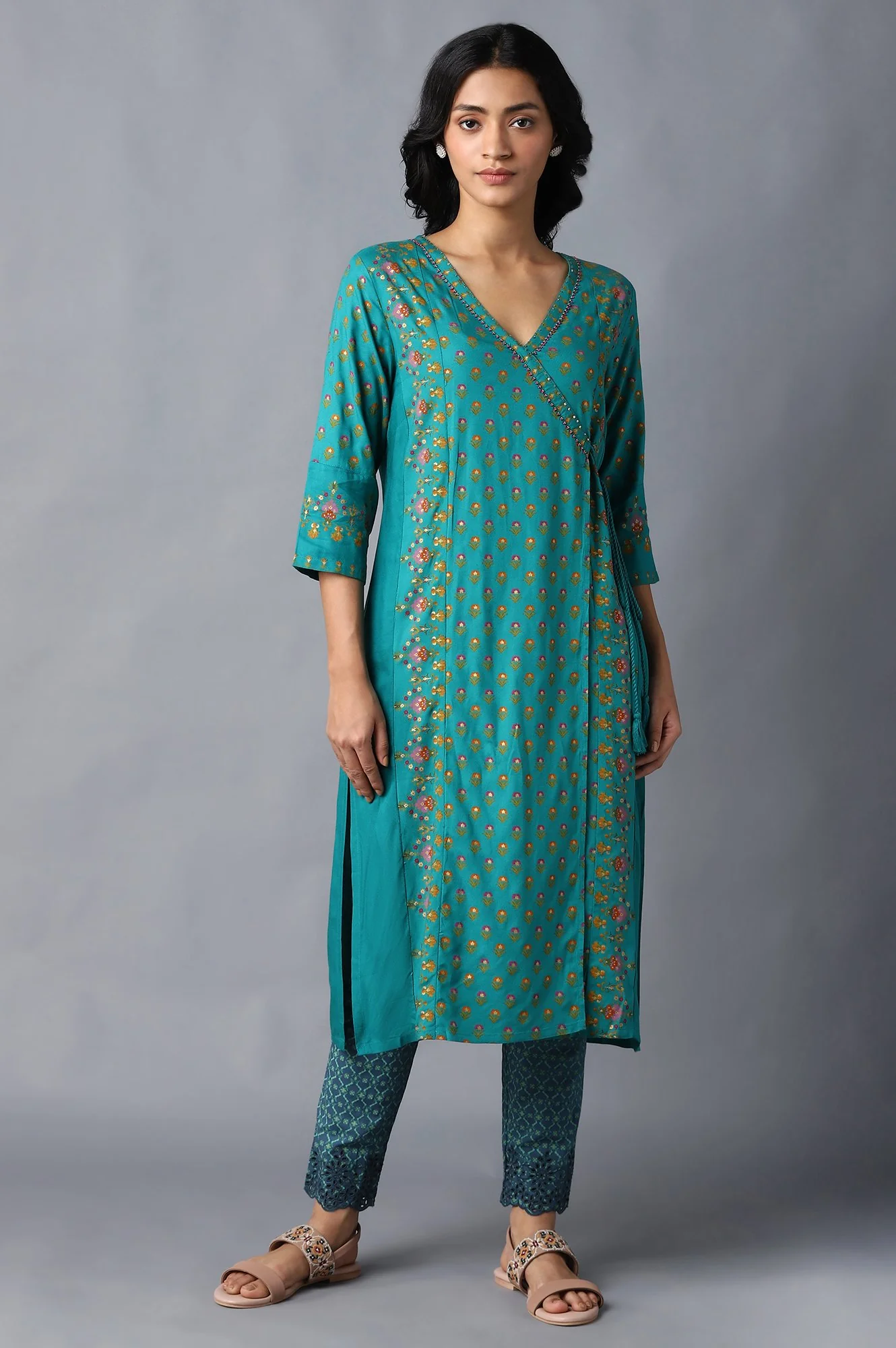 Deep Teal Printed Slim Pants With Thread Embroidery - Image 5