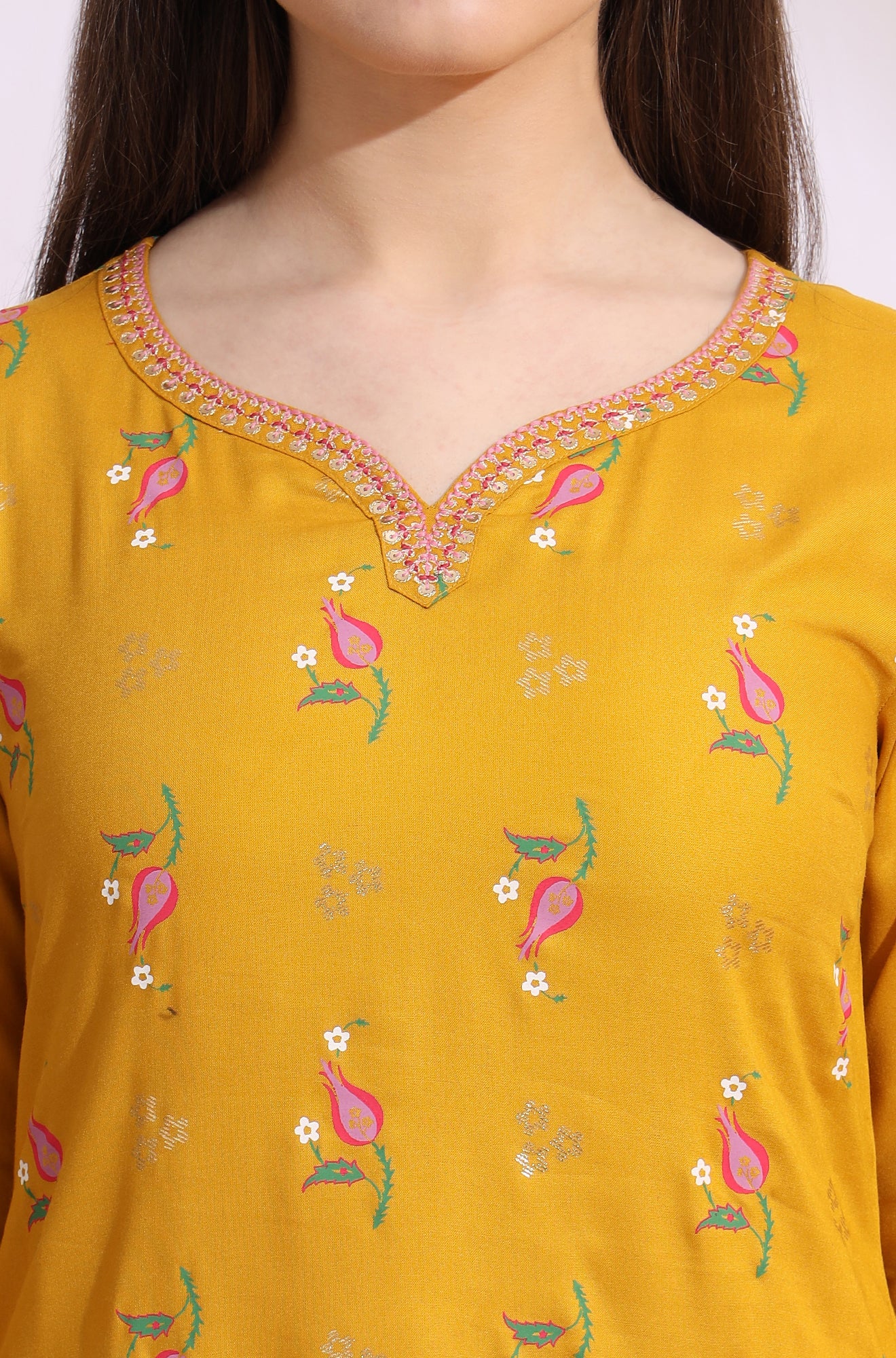 Deep Yellow Floral Printed Rayon Straight Kurta with Embroidered Neck - Image 4
