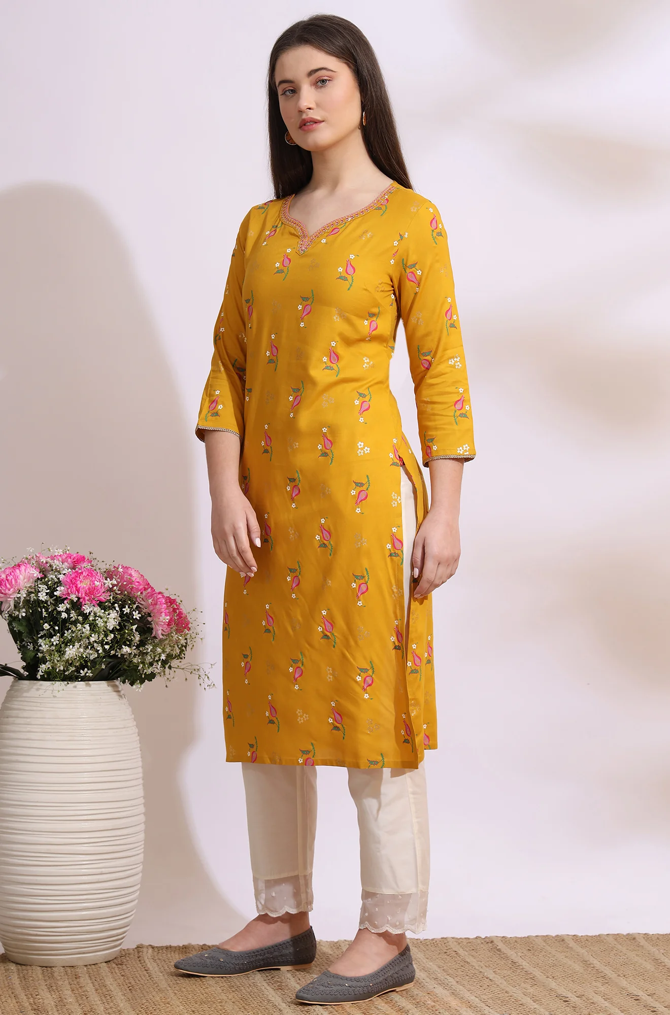 Deep Yellow Floral Printed Rayon Straight Kurta with Embroidered Neck - Image 5