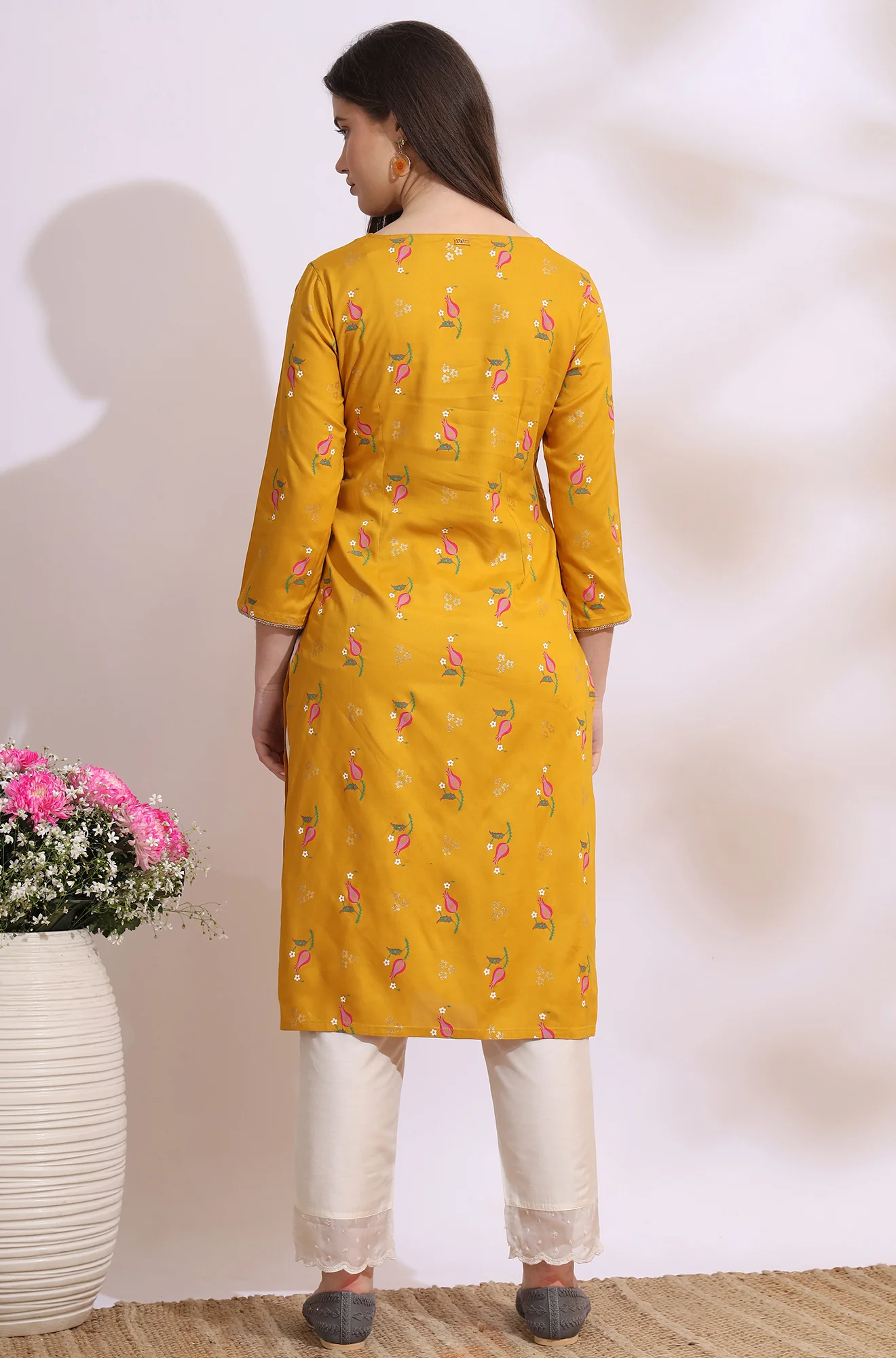 Deep Yellow Floral Printed Rayon Straight Kurta with Embroidered Neck - Image 6