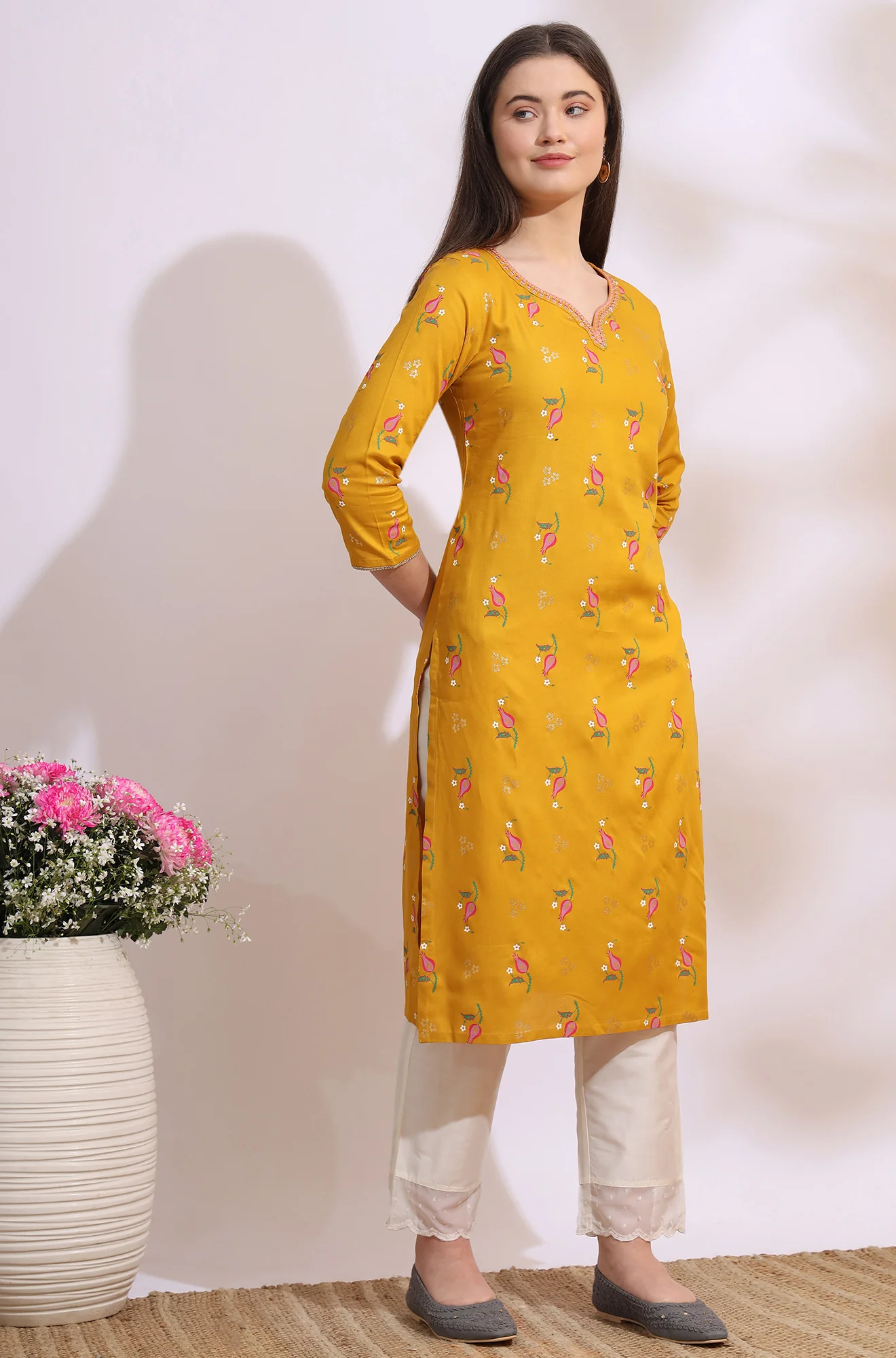 Deep Yellow Floral Printed Rayon Straight Kurta with Embroidered Neck - Image 7