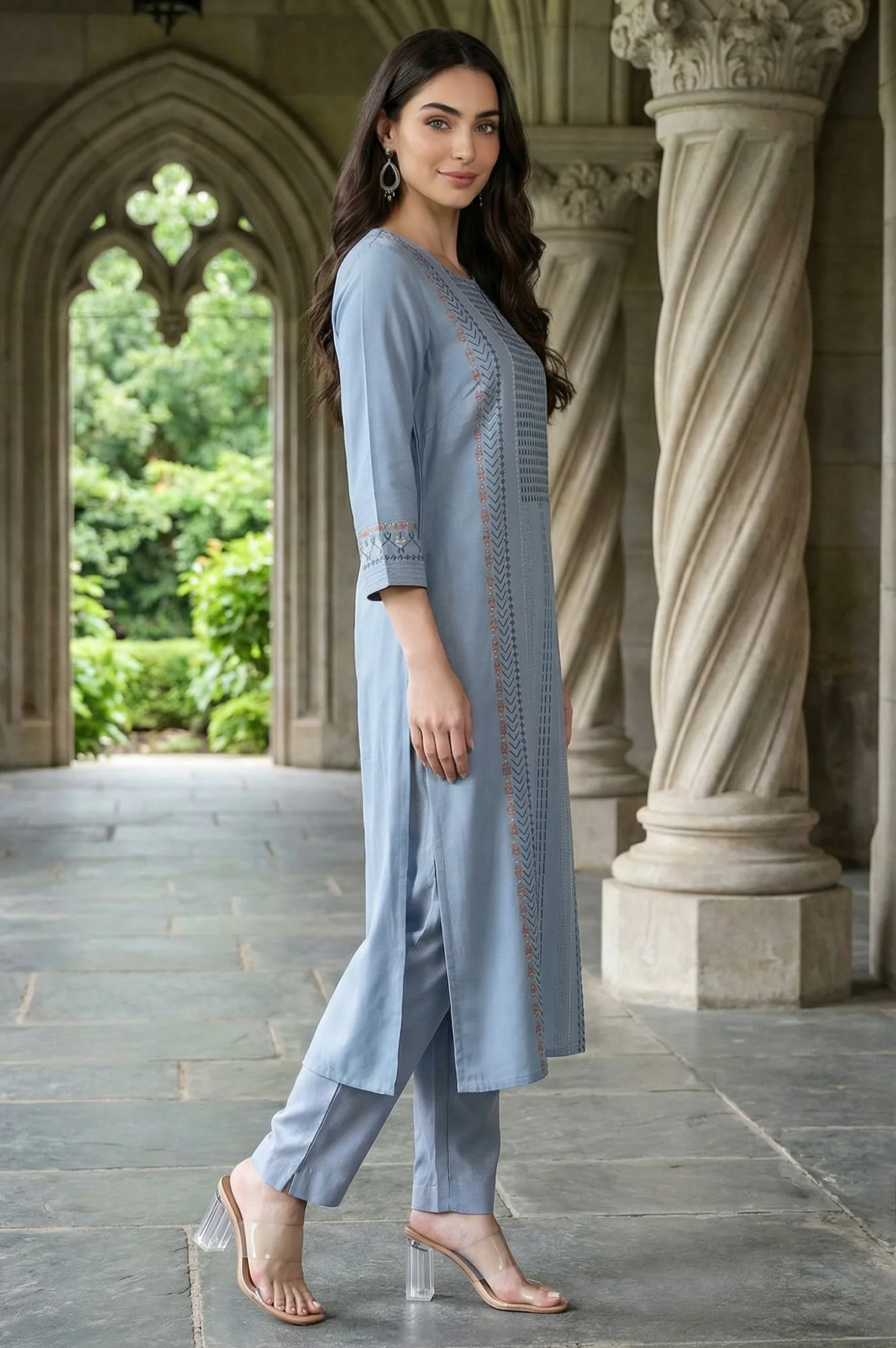 Denim Blue Round Neck Straight Kurta - Image 6