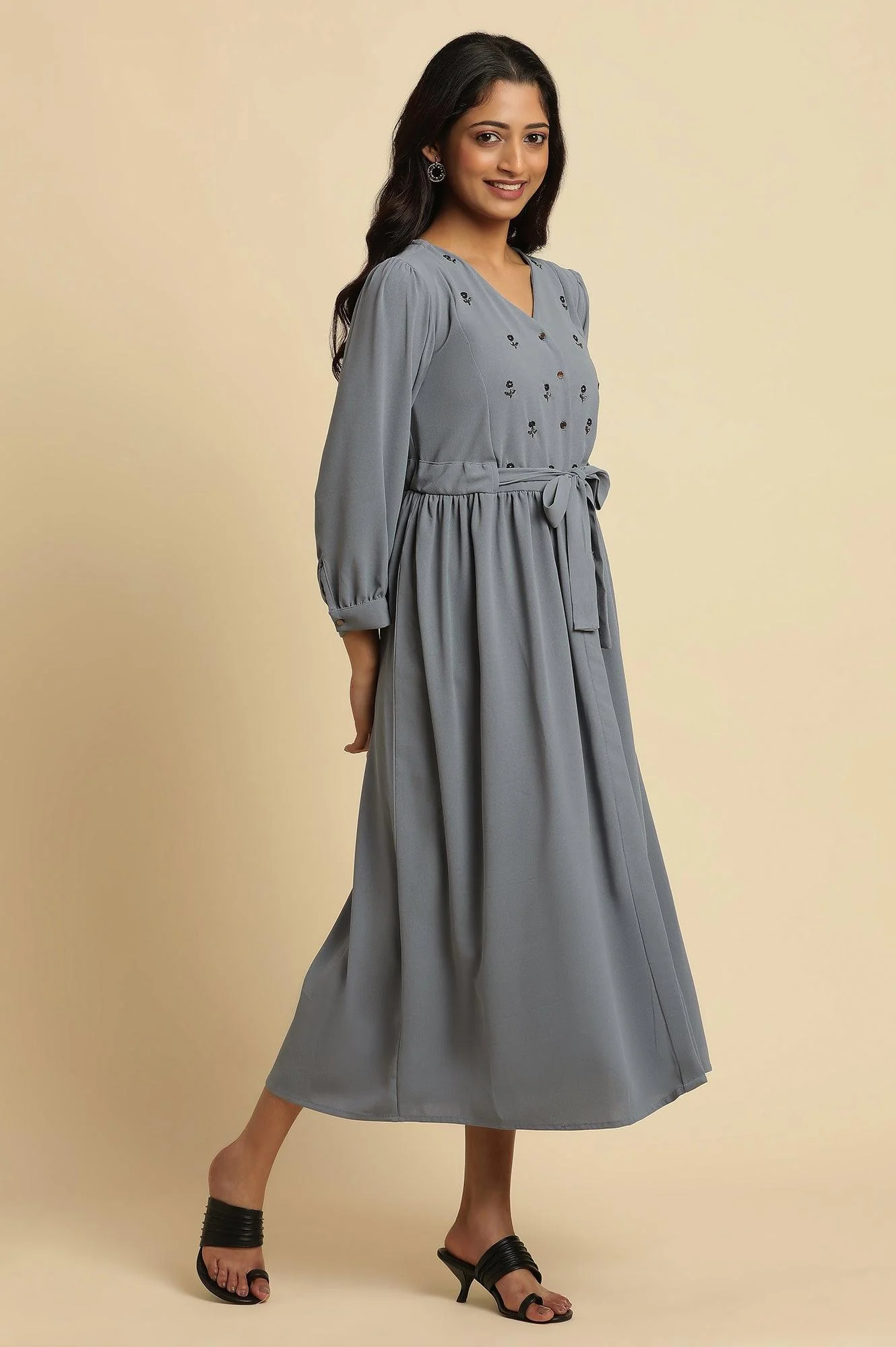 Dusk Blue Embroidered Gathered Dress - Image 5