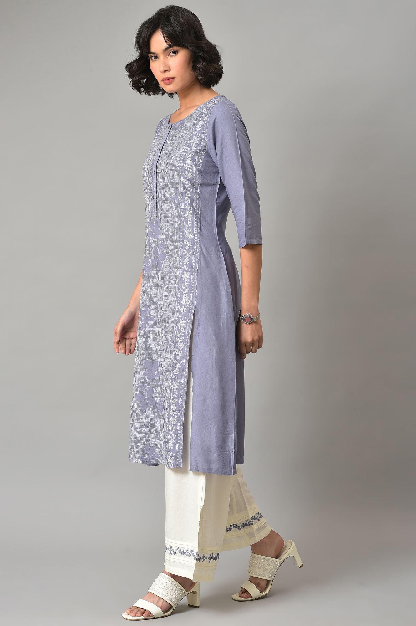 Dusk Purple Floral Printed kurta With Embroidered Ecru Pants And Dupatta - Image 3