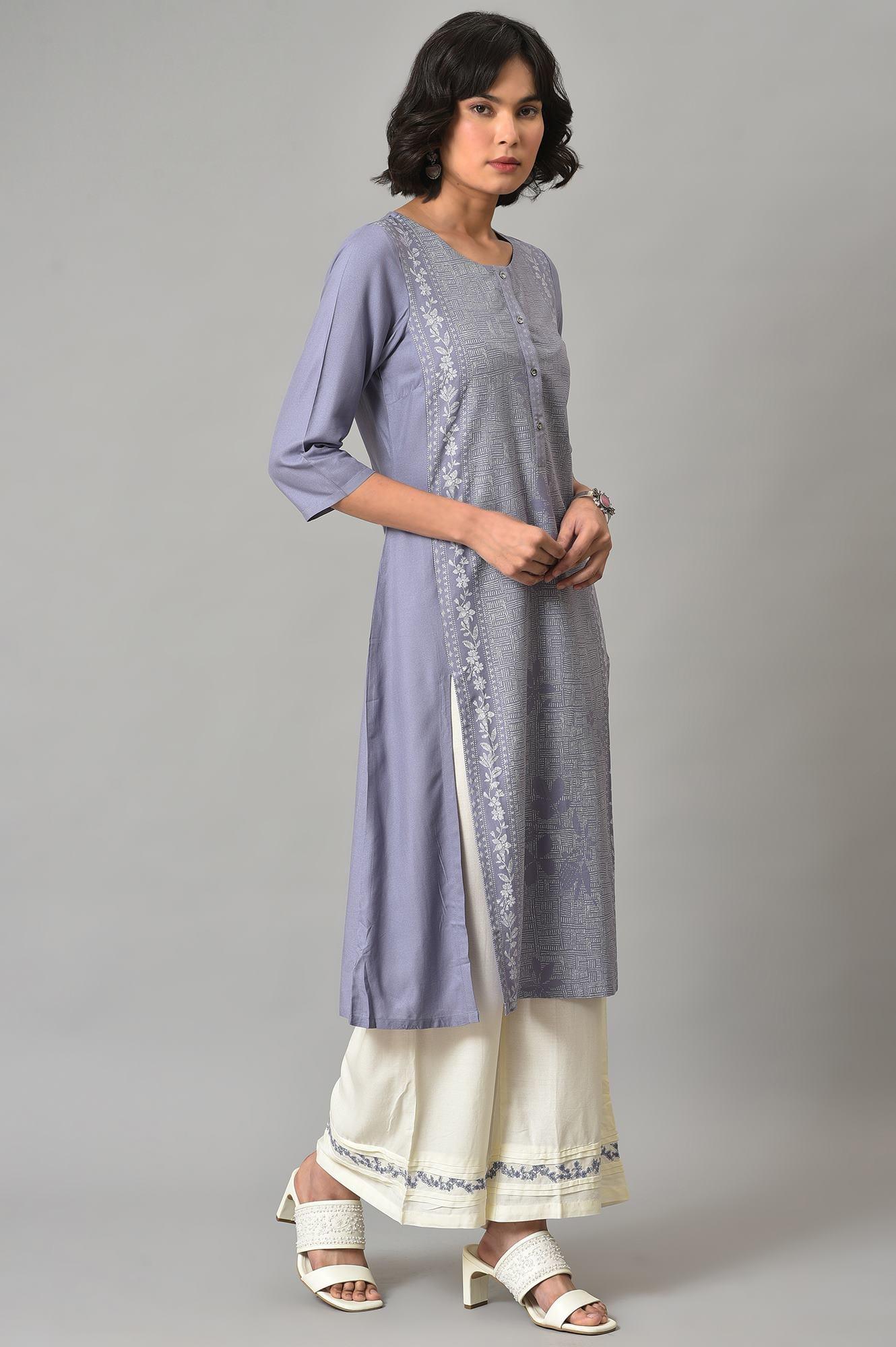 Dusk Purple Floral Printed kurta With Embroidered Ecru Pants And Dupatta - Image 4