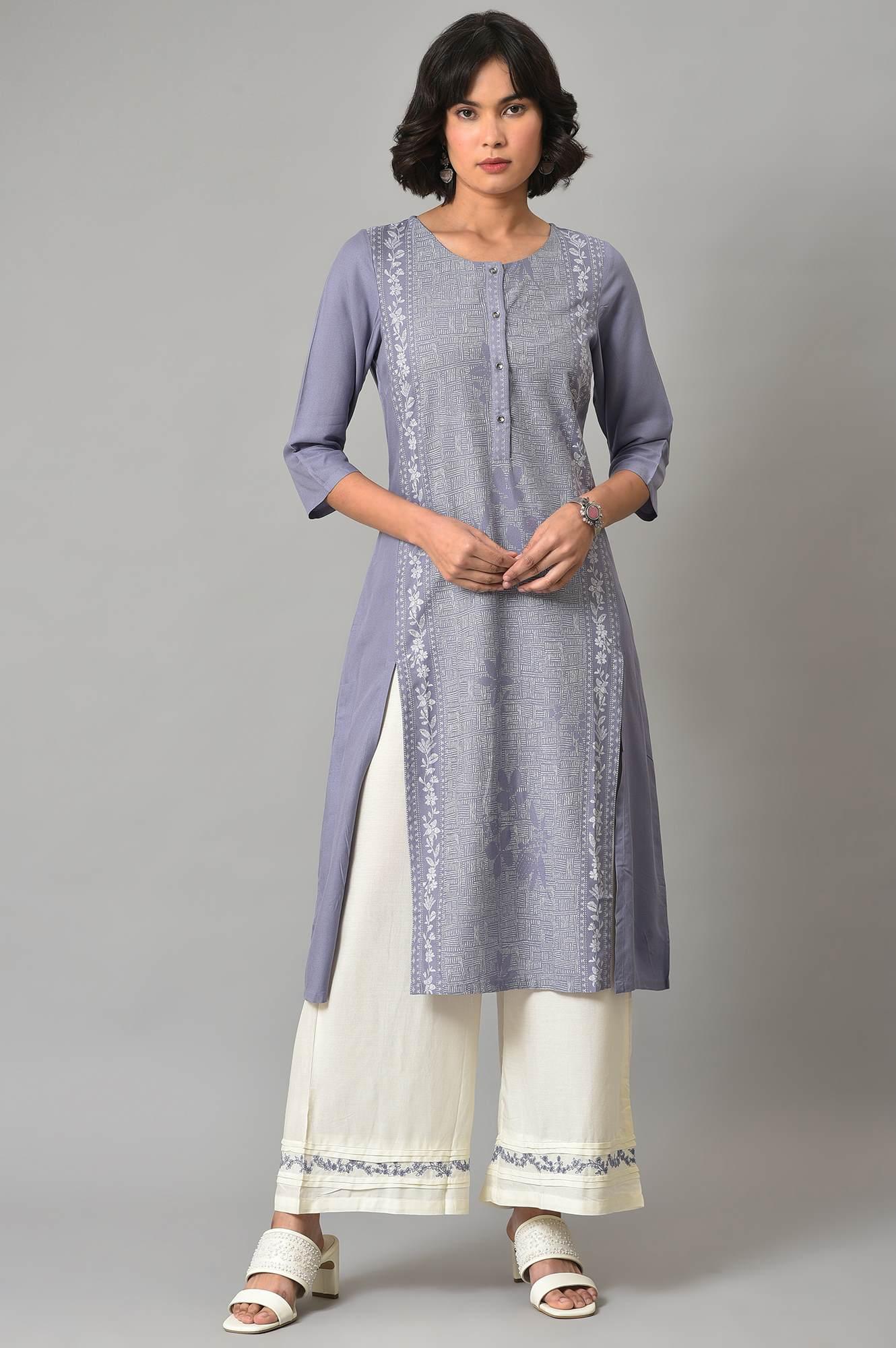 Dusk Purple Floral Printed kurta With Embroidered Ecru Pants And Dupatta - Image 9