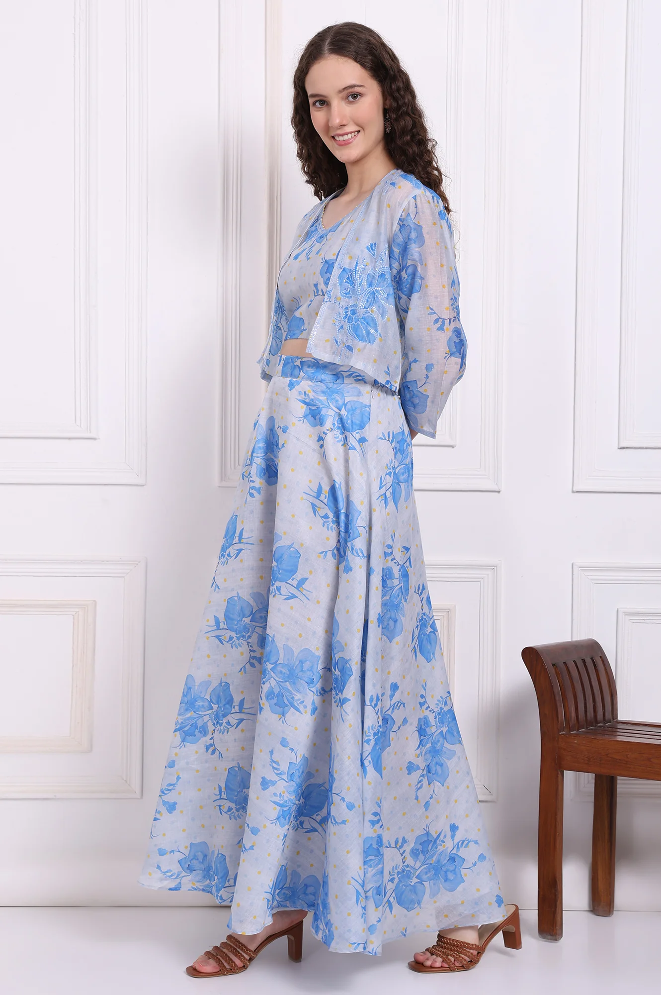 Dusty Blue Spaghetti Crop Top, Embroidered Jacket and Skirt Set - Image 4