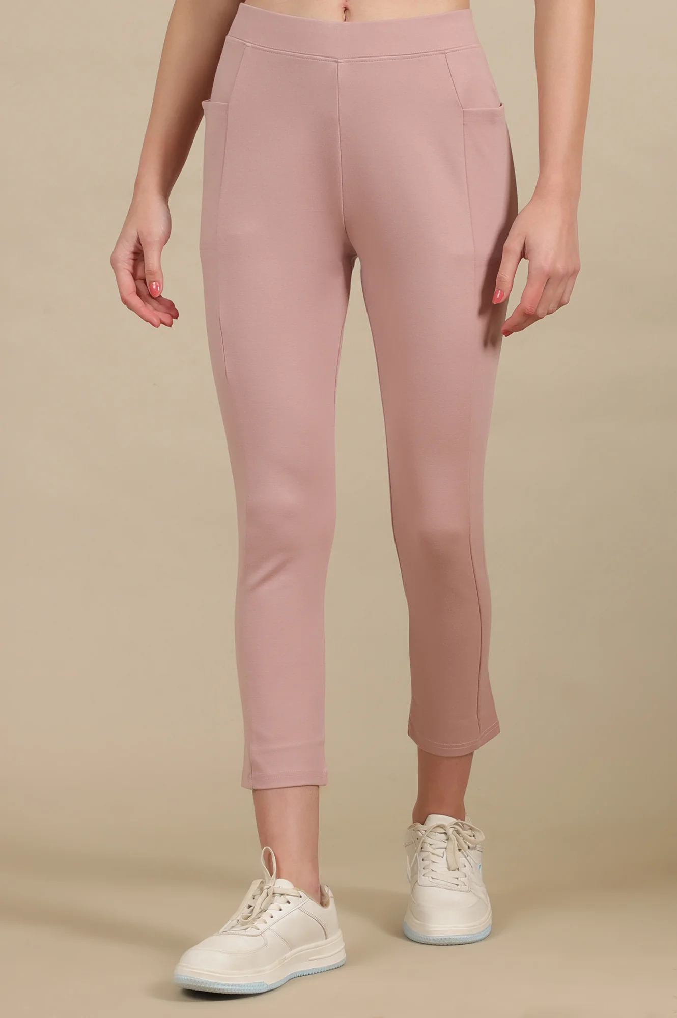 Elleven Women's Pink Solid Skinny Fit Yoga Tights With Elasticated Waistband
