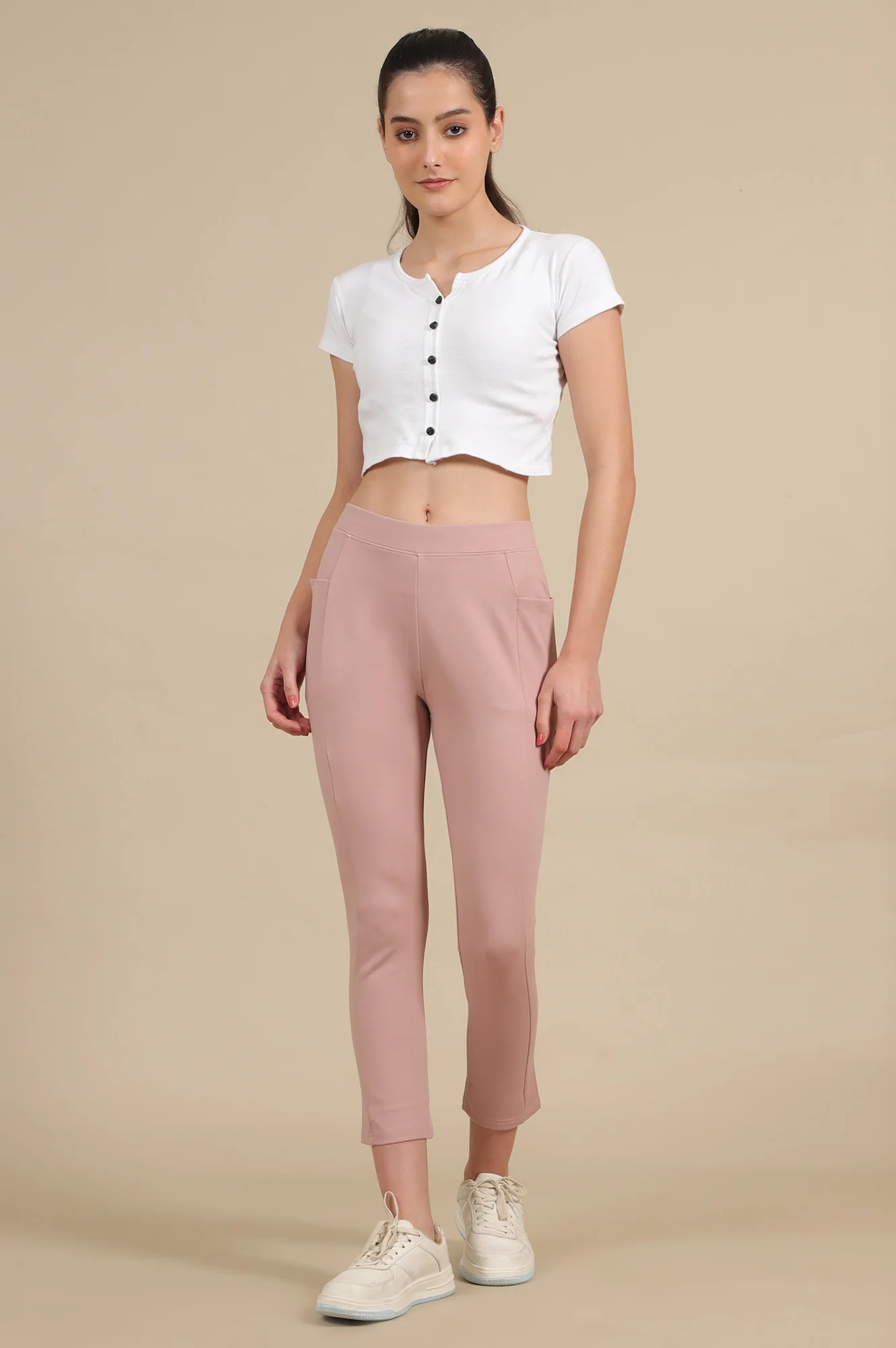Elleven Women's Pink Solid Skinny Fit Yoga Tights With Elasticated Waistband - Image 5