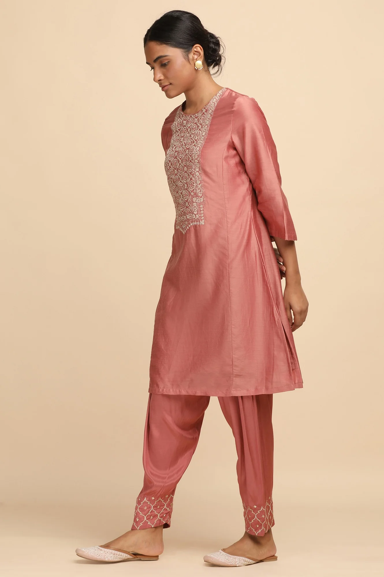 Dusty Pink Cotton Silk Short kurta - Image 3
