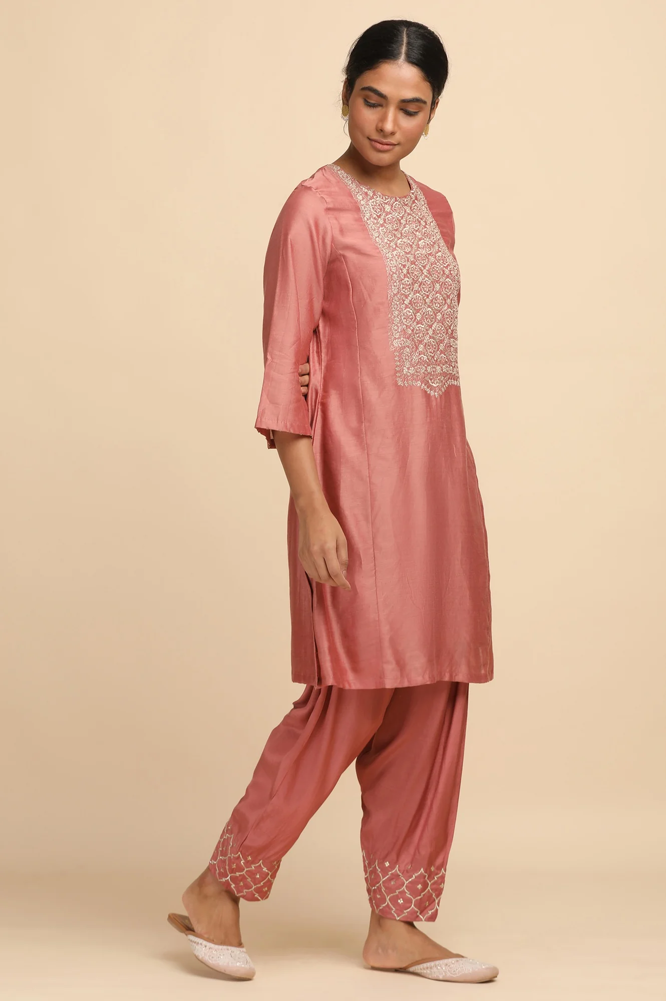 Dusty Pink Cotton Silk Short kurta - Image 4