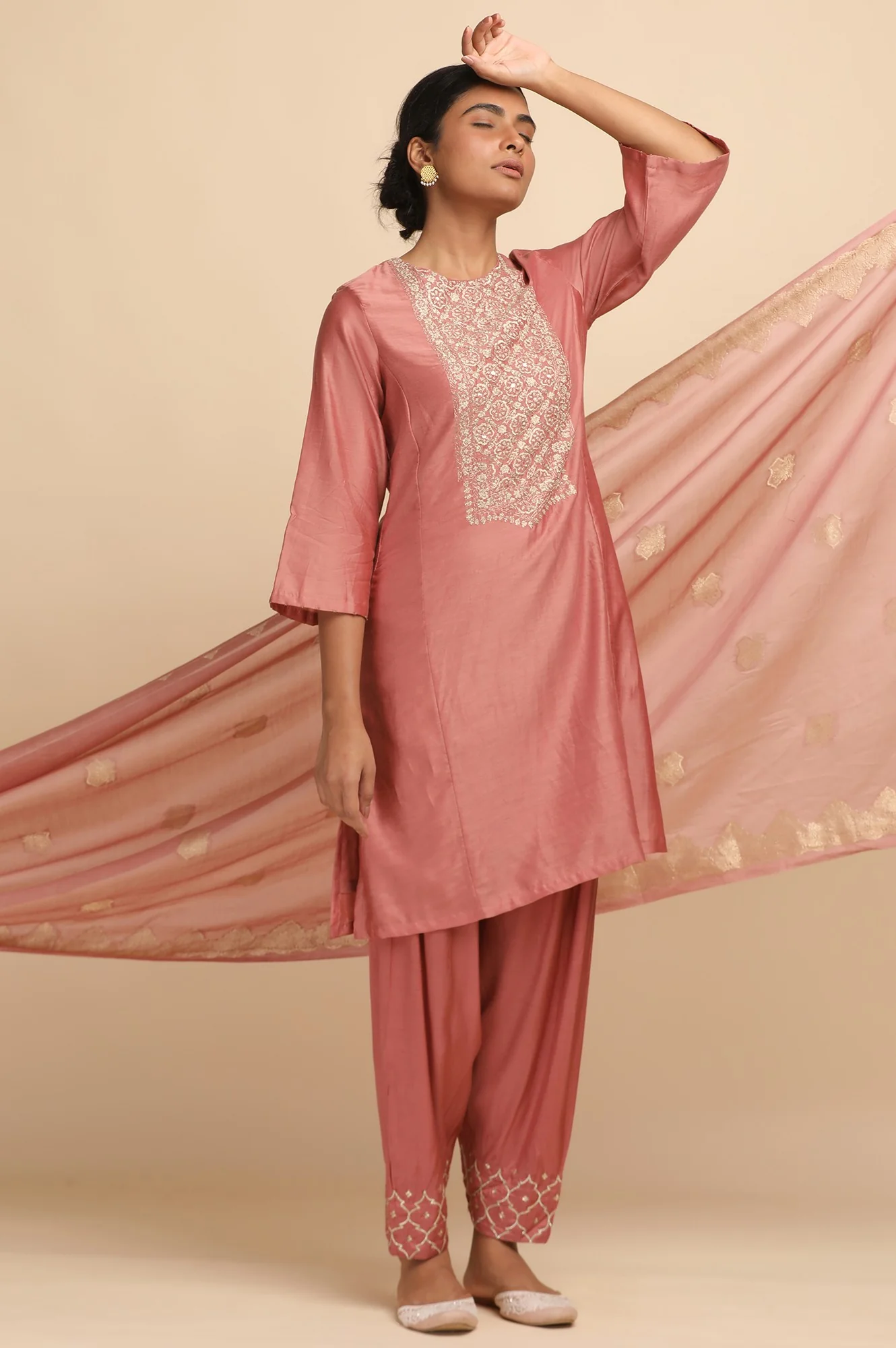 Dusty Pink Cotton Silk Short kurta - Image 5