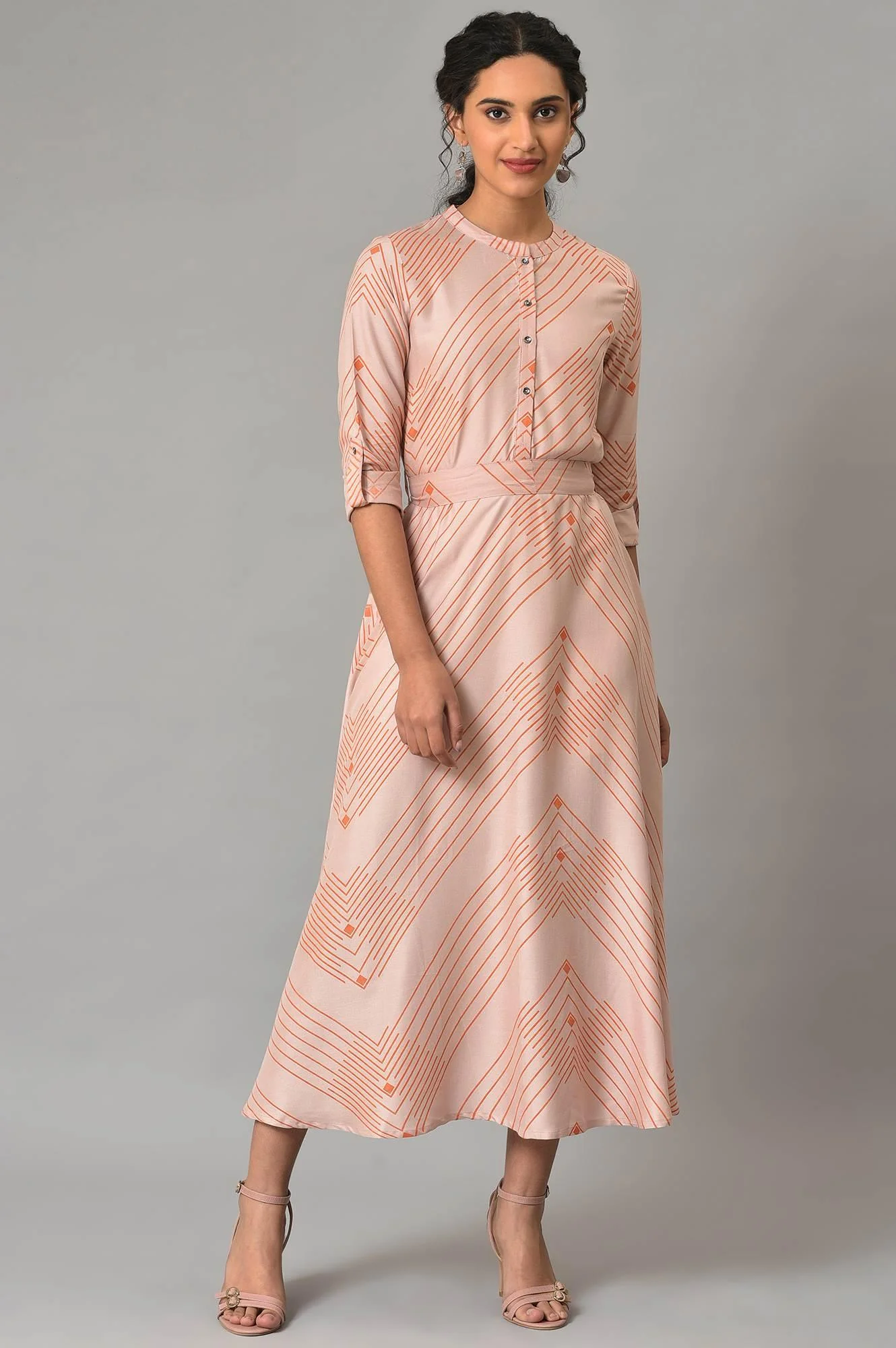 Dusty Pink Matrix Printed Circular Shirt Dress With Belt - Image 2