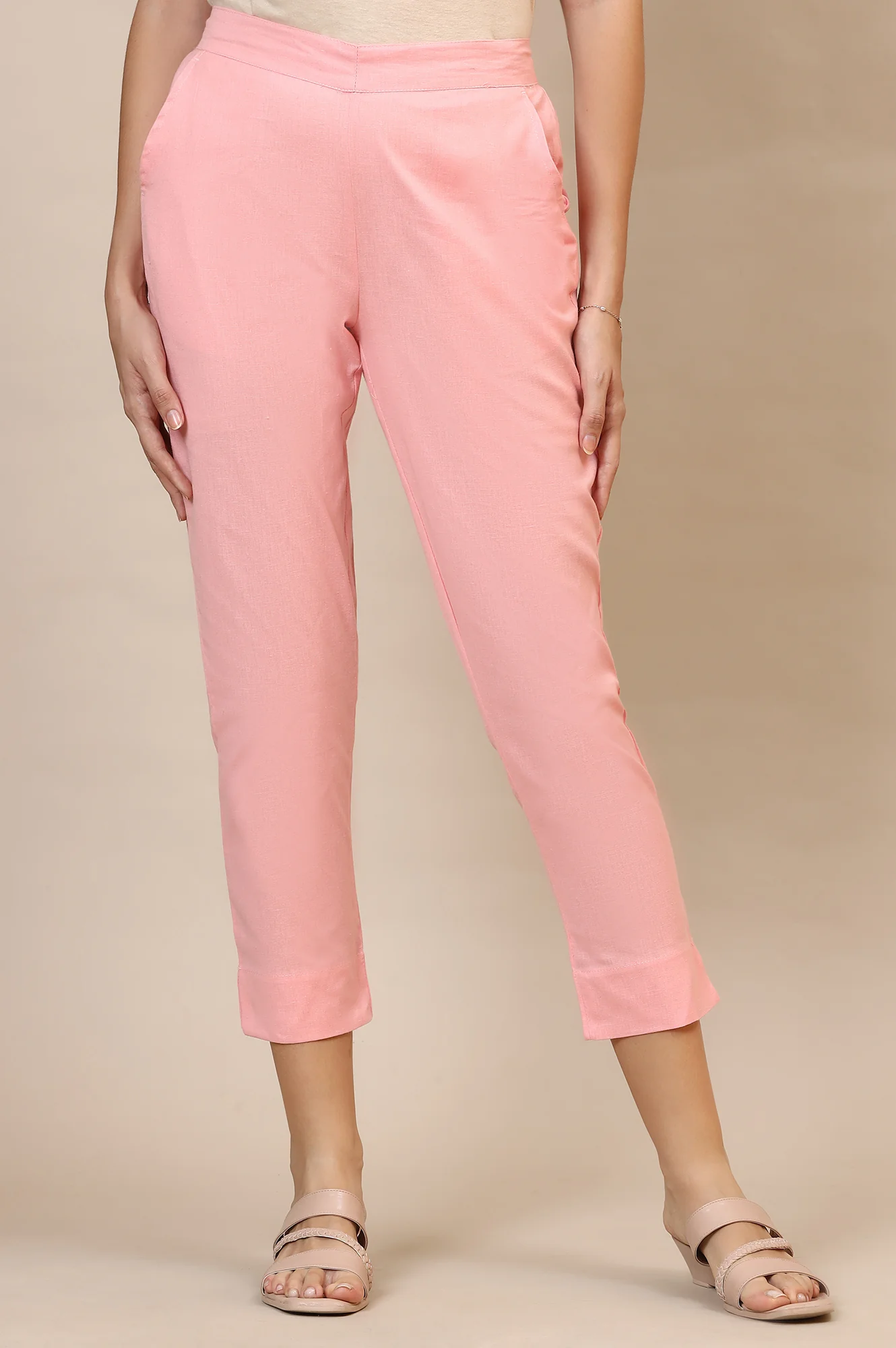 Elleven Women's Pink Solid Slim Fit Cotton Trousers With Elasticated Waist