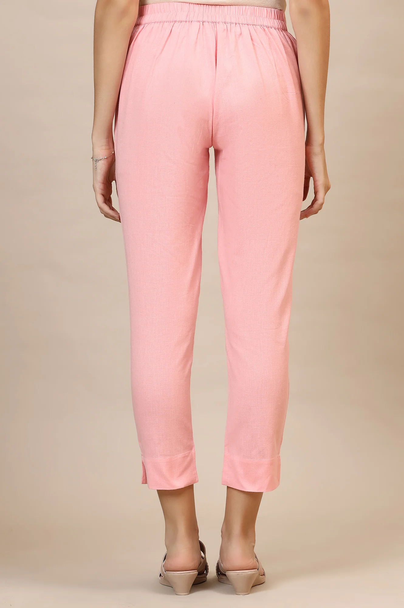 Elleven Women's Pink Solid Slim Fit Cotton Trousers With Elasticated Waist - Image 3