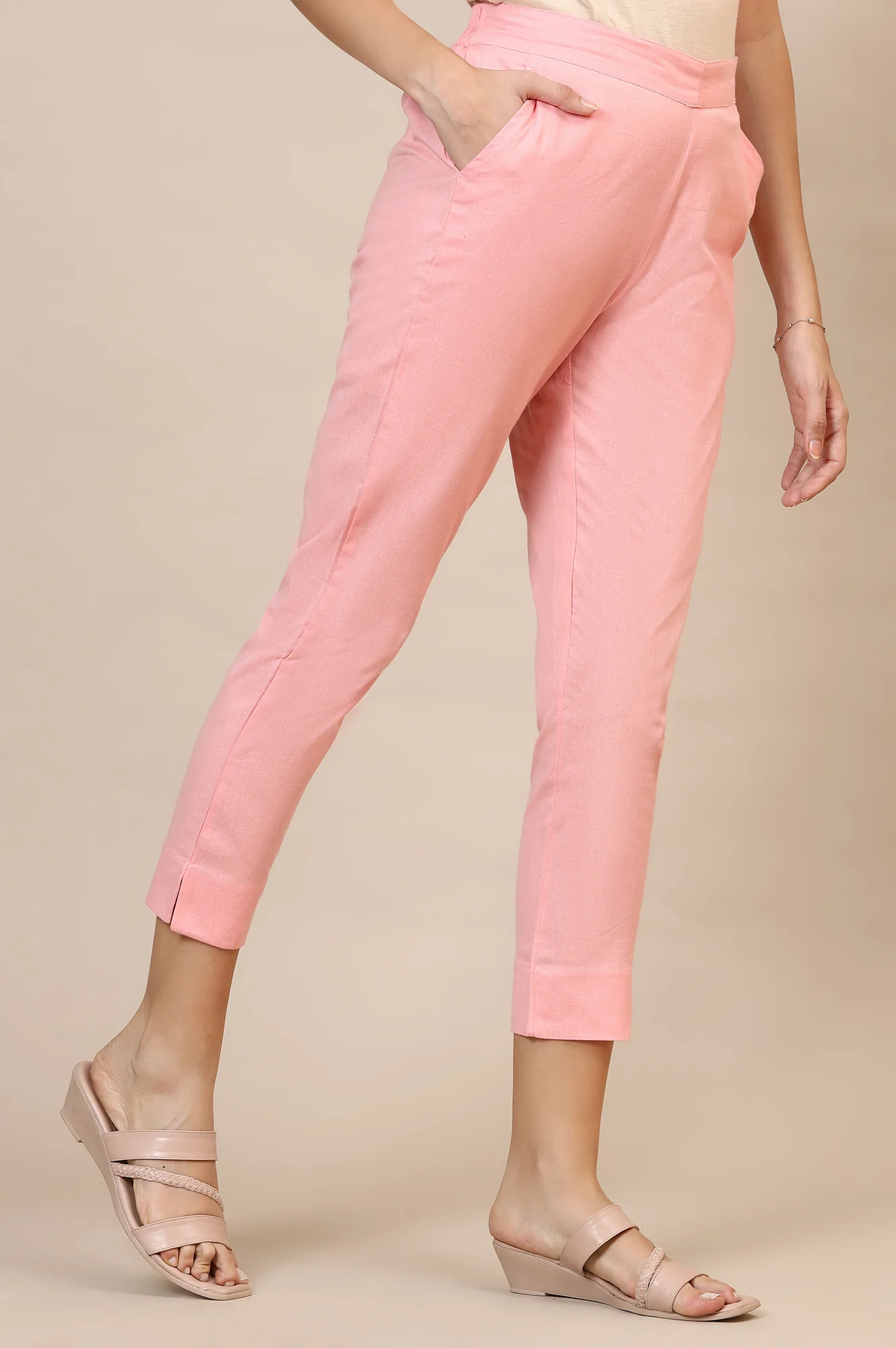 Elleven Women's Pink Solid Slim Fit Cotton Trousers With Elasticated Waist - Image 4
