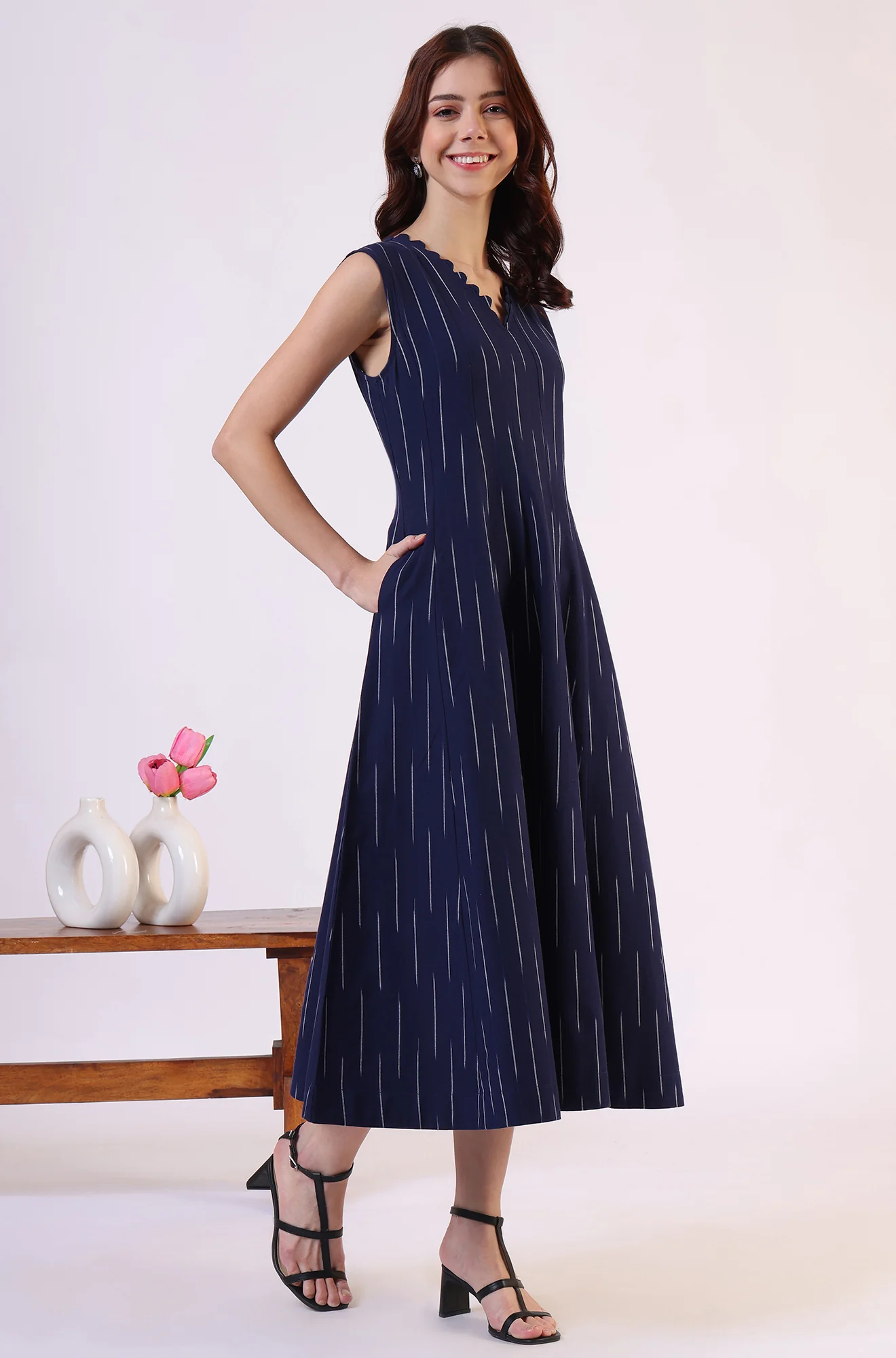 Blue Dyed Flared Pure Cotton Dress - Image 7