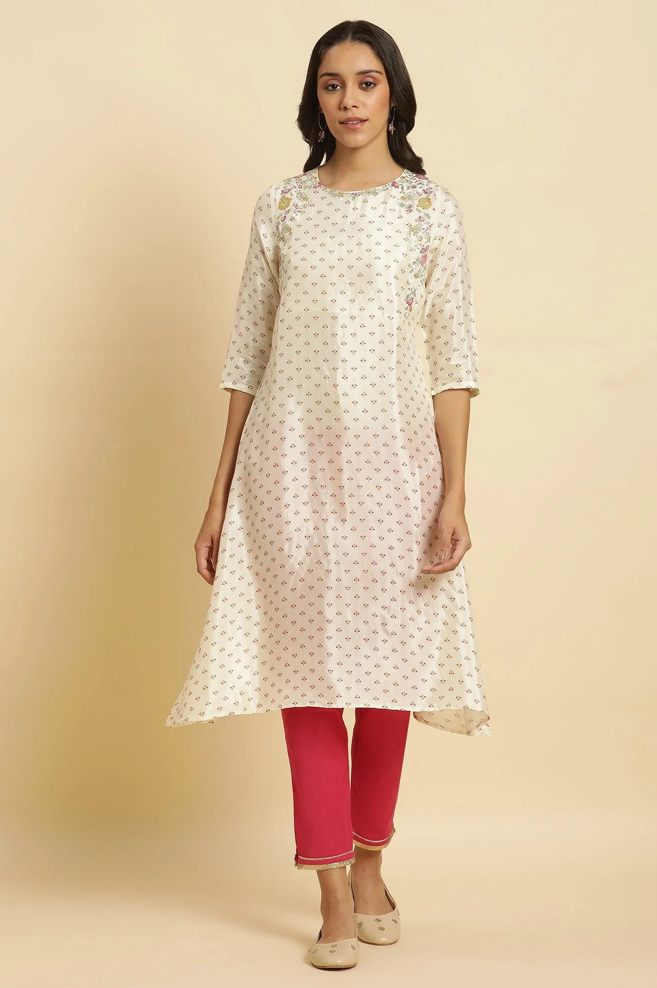 Ecru A-Line Embroidered Festive Kurta - Image 2