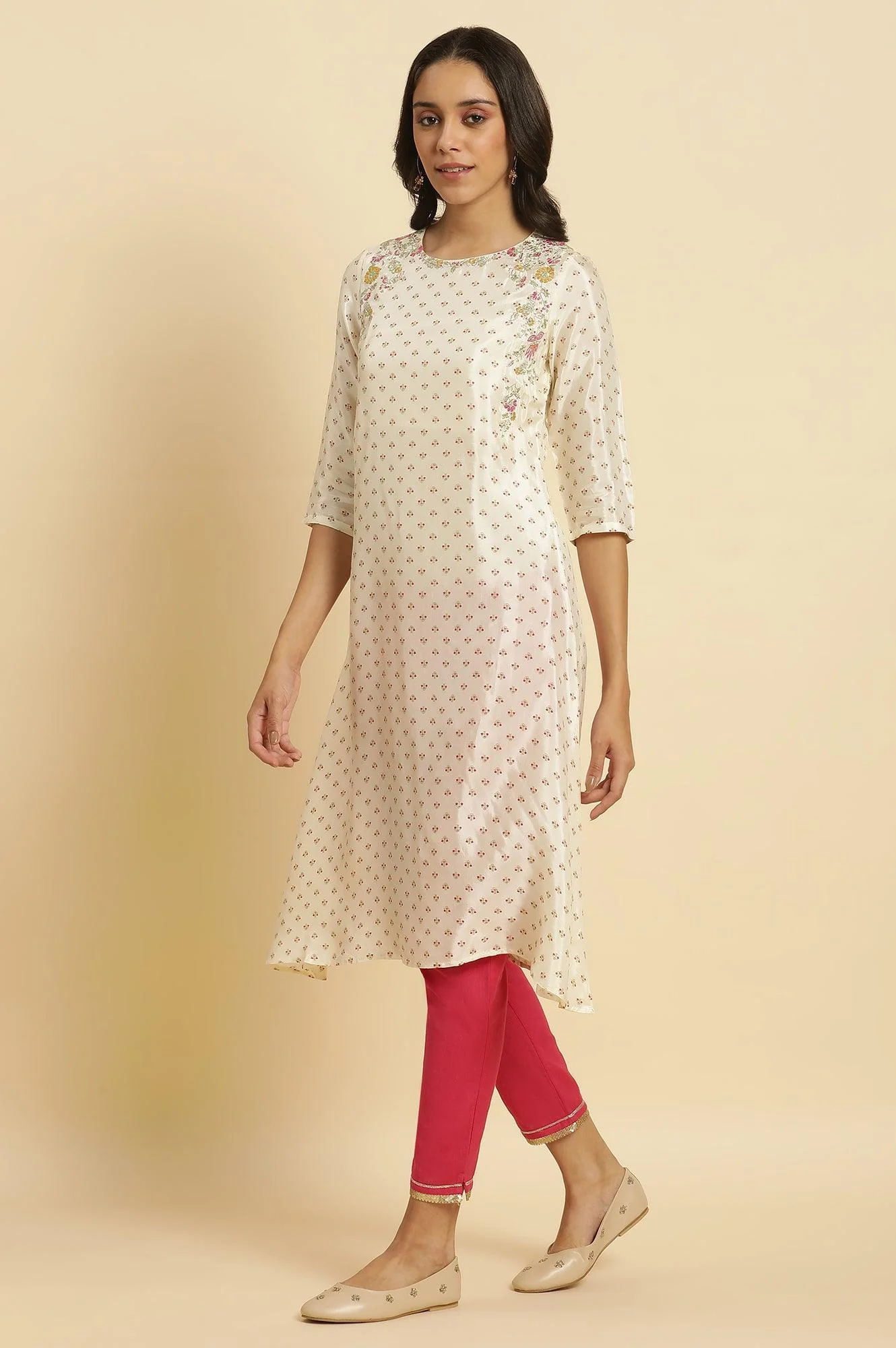 Ecru A-Line Embroidered Festive Kurta - Image 3