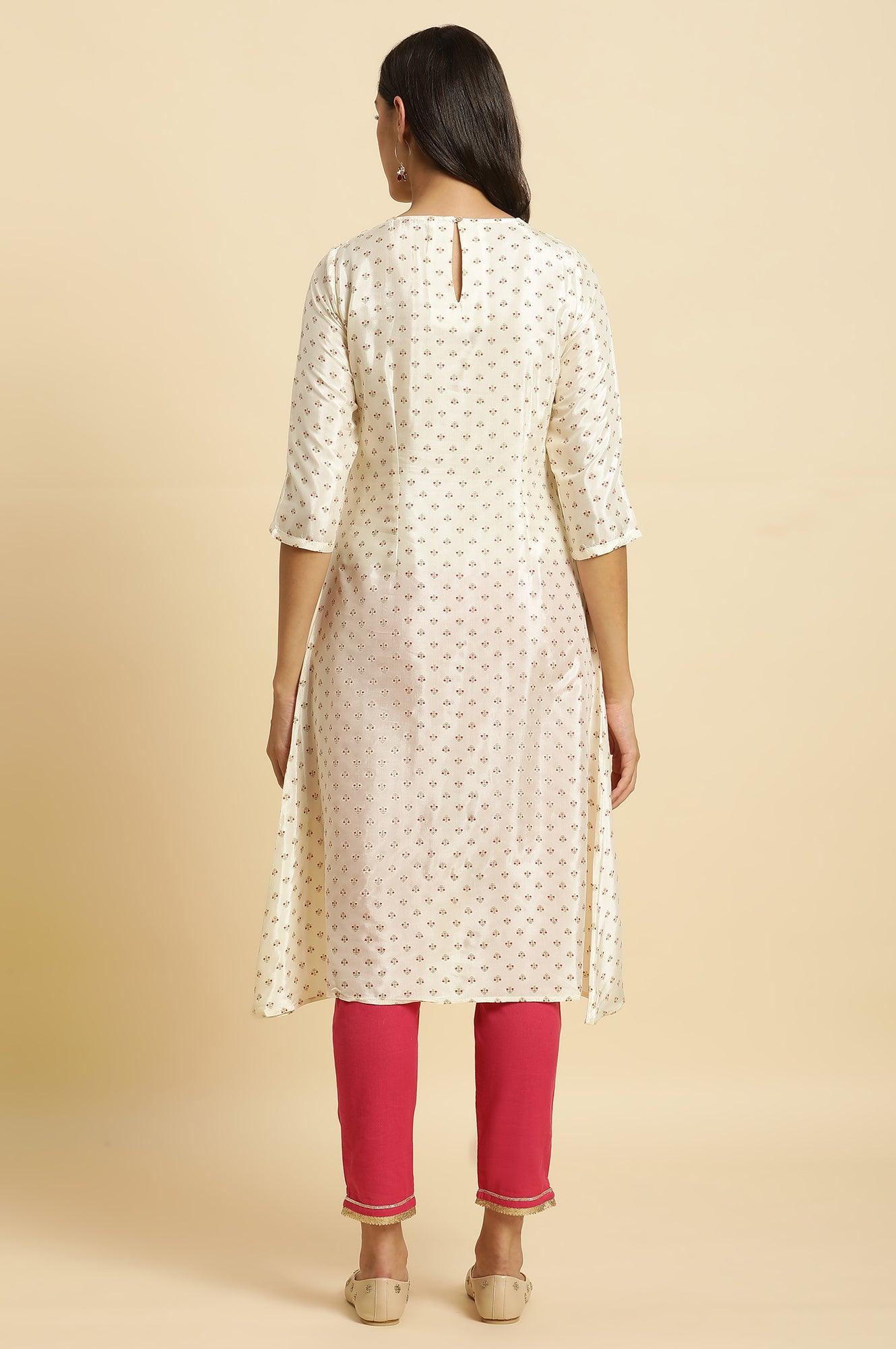 Ecru A-Line Embroidered Festive Kurta - Image 4