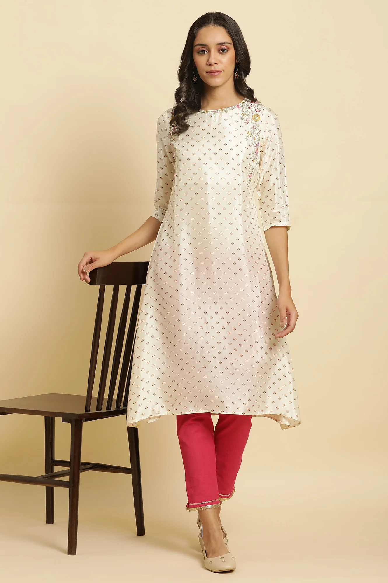 Ecru A-line Embroidered Festive Kurta
