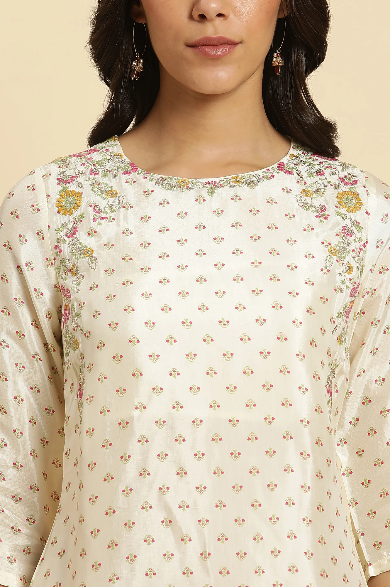 Ecru A-line Embroidered Festive Kurta - Image 6