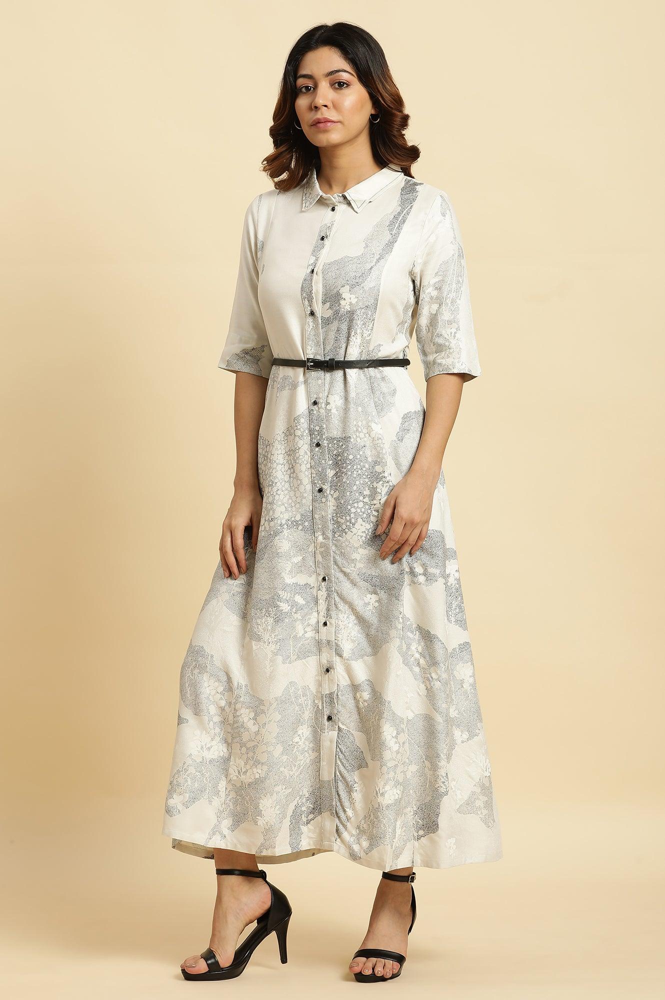 Ecru A-Line Placement Printed Western Long Dress with Belt - Image 3