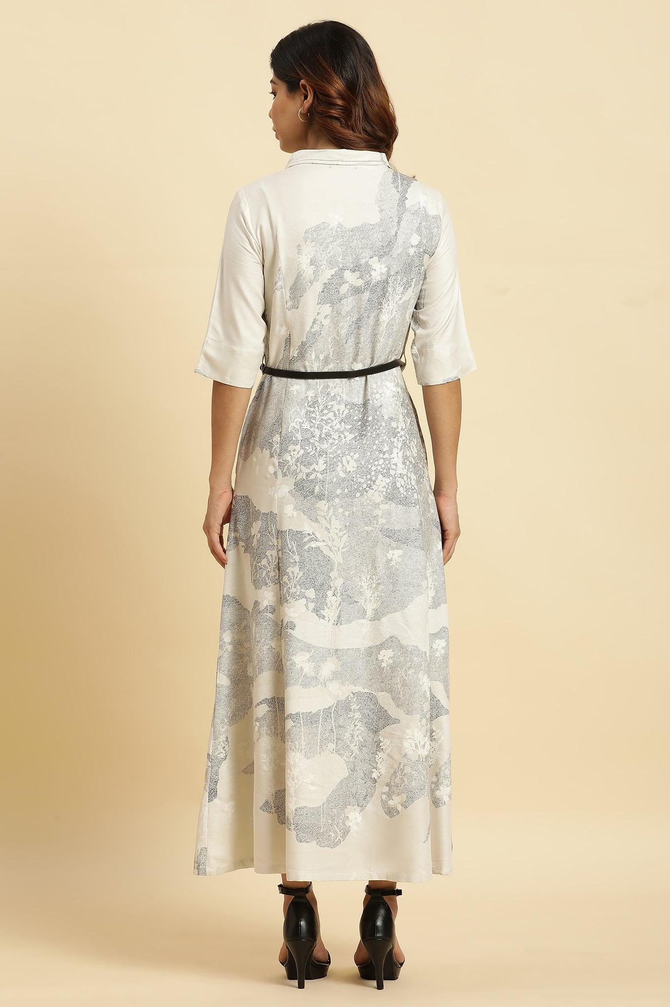 Ecru A-Line Placement Printed Western Long Dress with Belt - Image 4