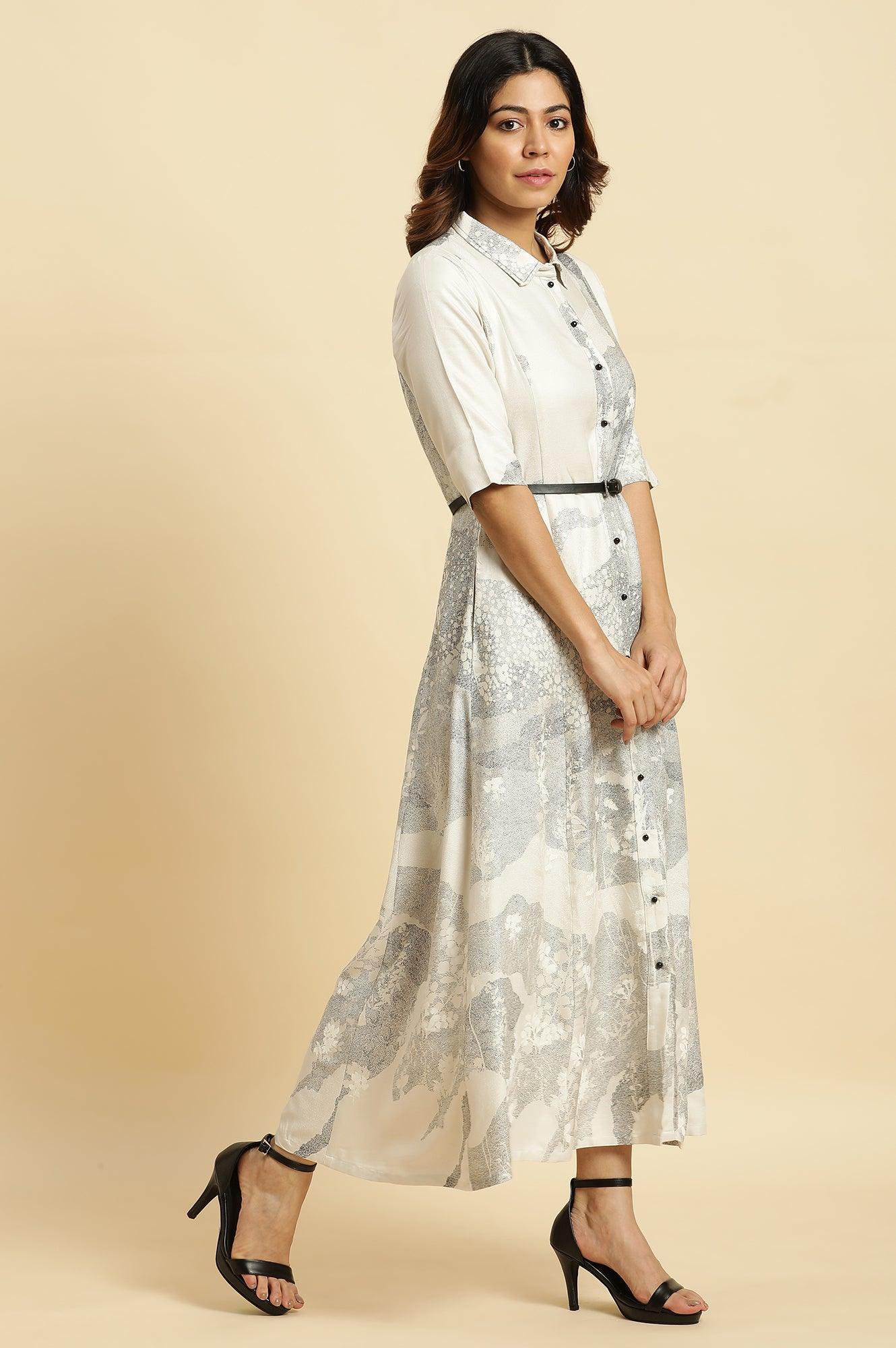 Ecru A-Line Placement Printed Western Long Dress with Belt - Image 5