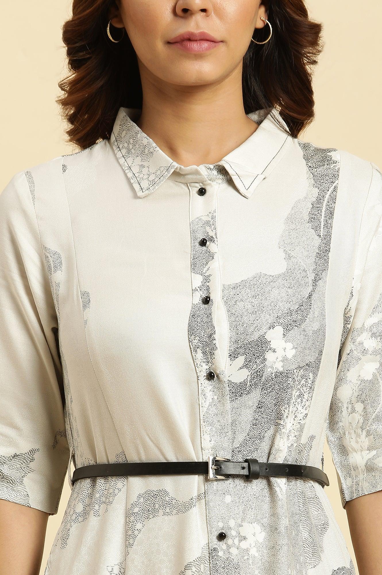 Ecru A-Line Placement Printed Western Long Dress with Belt - Image 6
