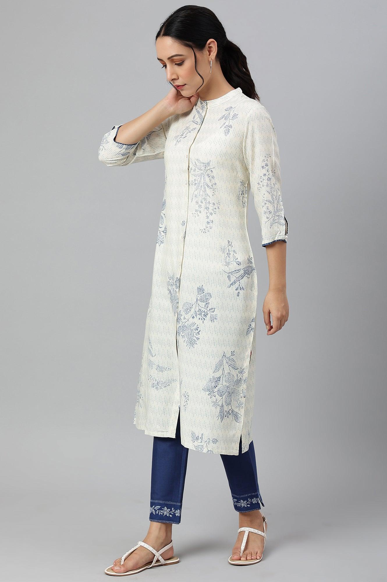 Ecru And Blue Button Down kurta - Image 3