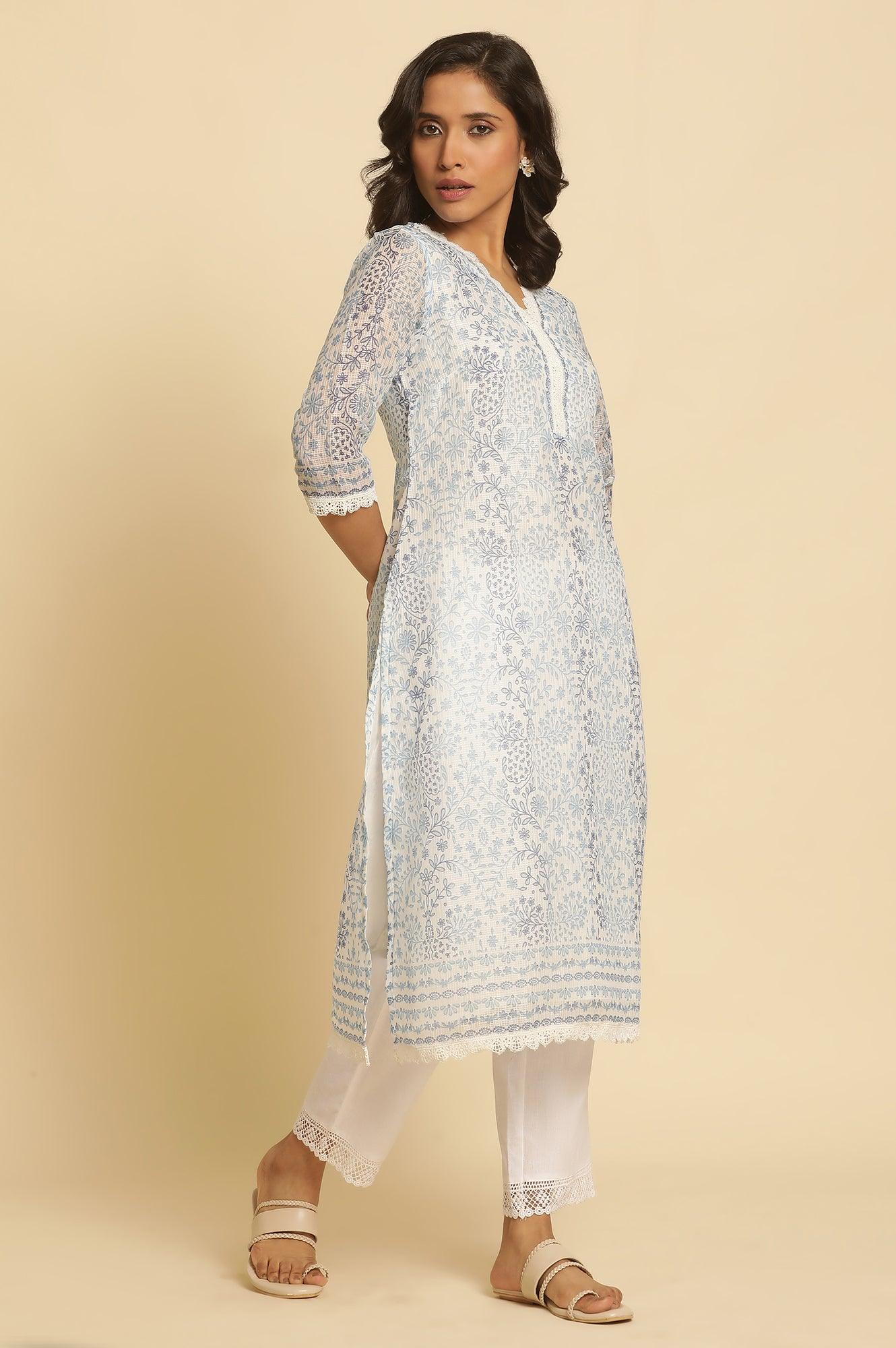 Ecru And Blue Floral Printed Kota Kurta - Image 5