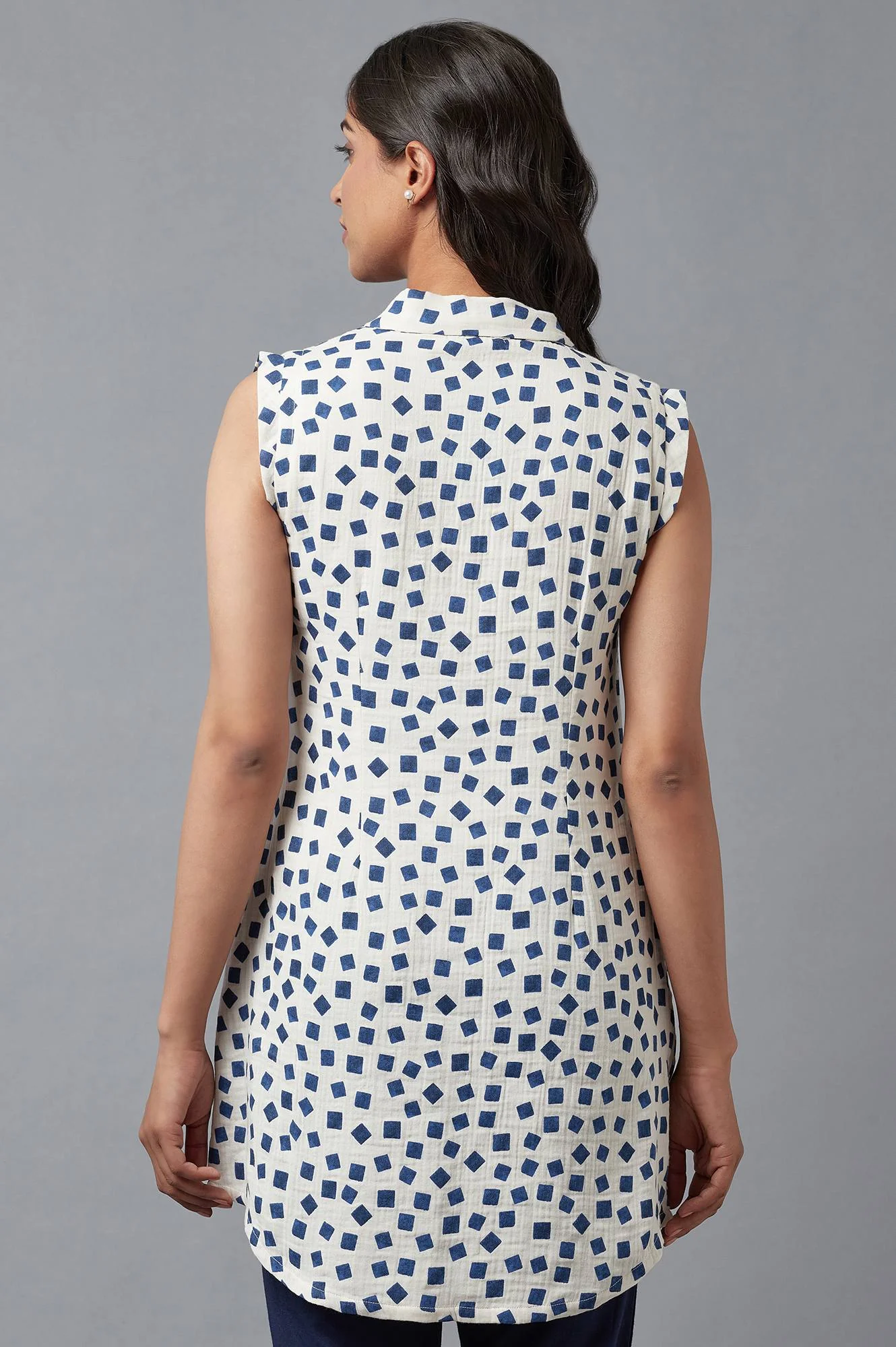 Ecru And Blue Printed Lapel Collar Cotton Tunic - Image 2