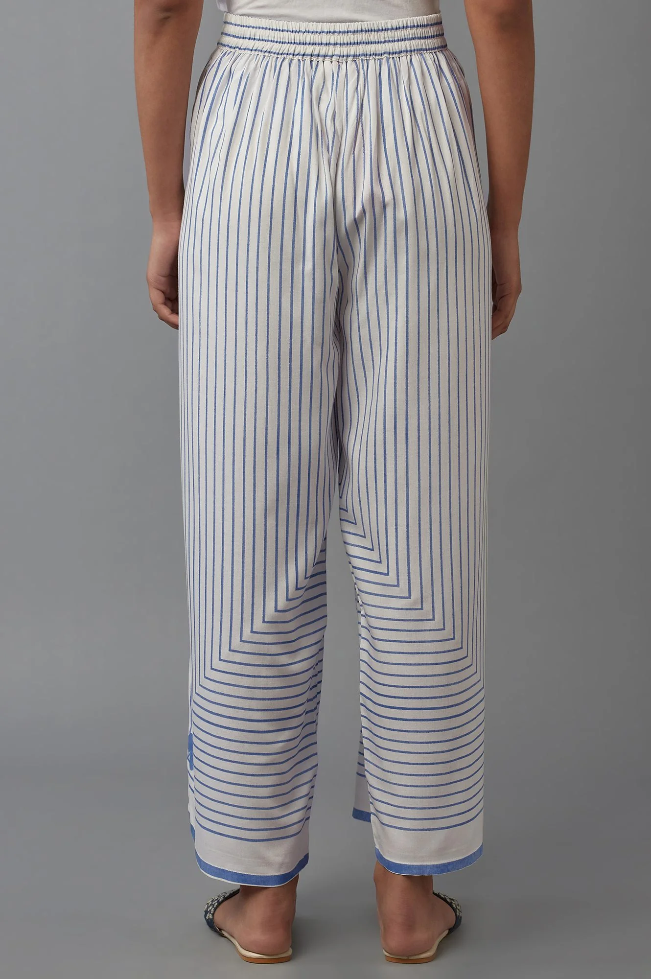 Ecru and Blue Geometric Printed Parallel Pants - Image 2