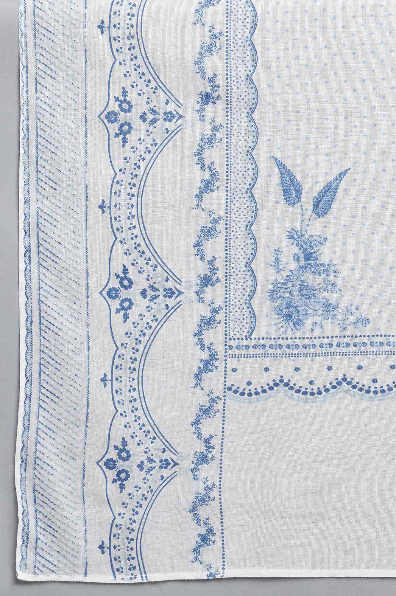 Ecru and Blue Printed Voile Dupatta - Image 4