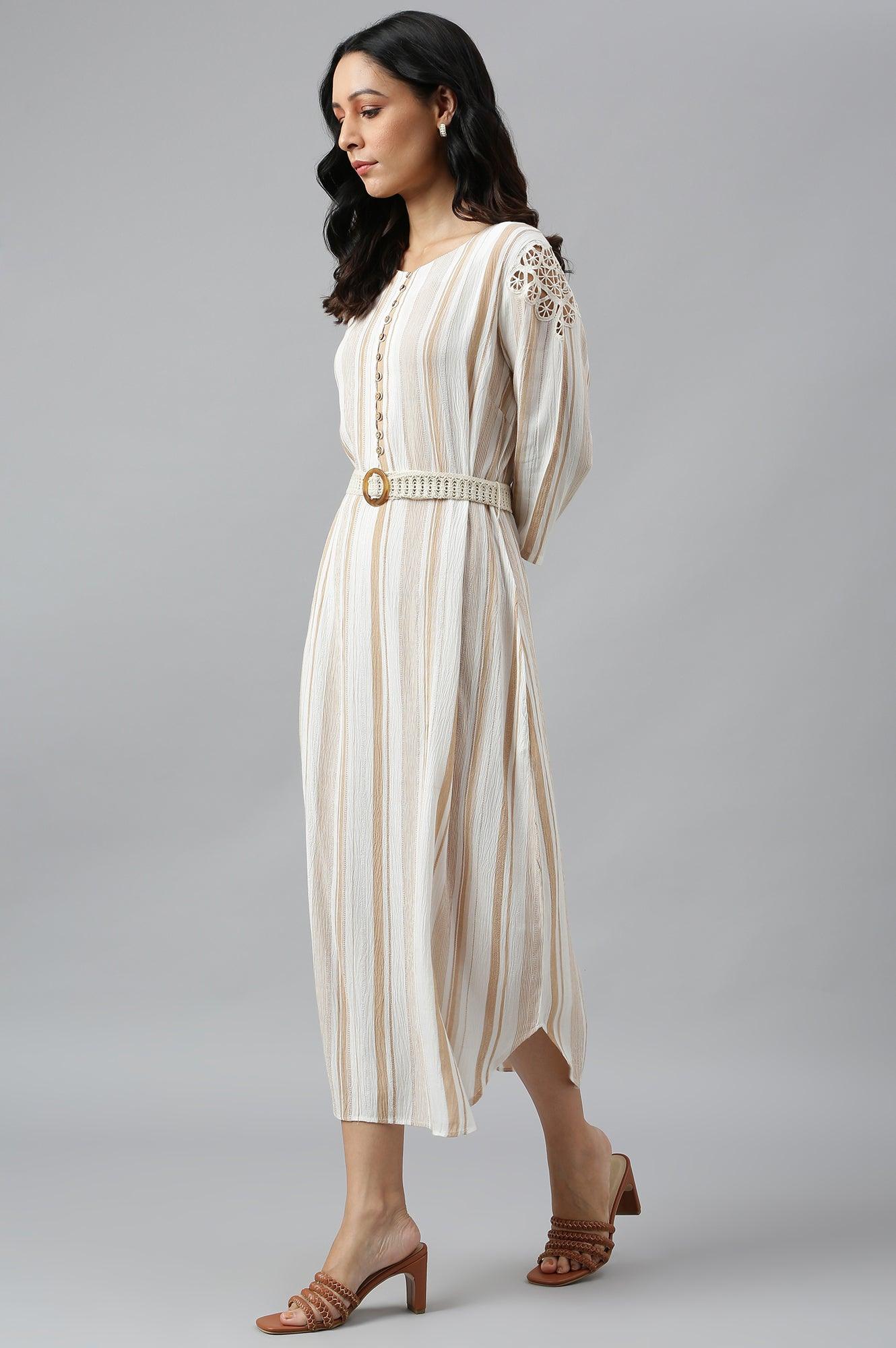 Ecru And Brown Stripe Print Dress With Crochet Belt - Image 3