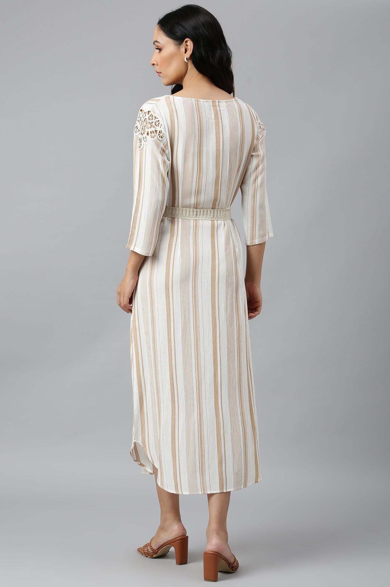Ecru And Brown Stripe Print Dress With Crochet Belt - Image 4